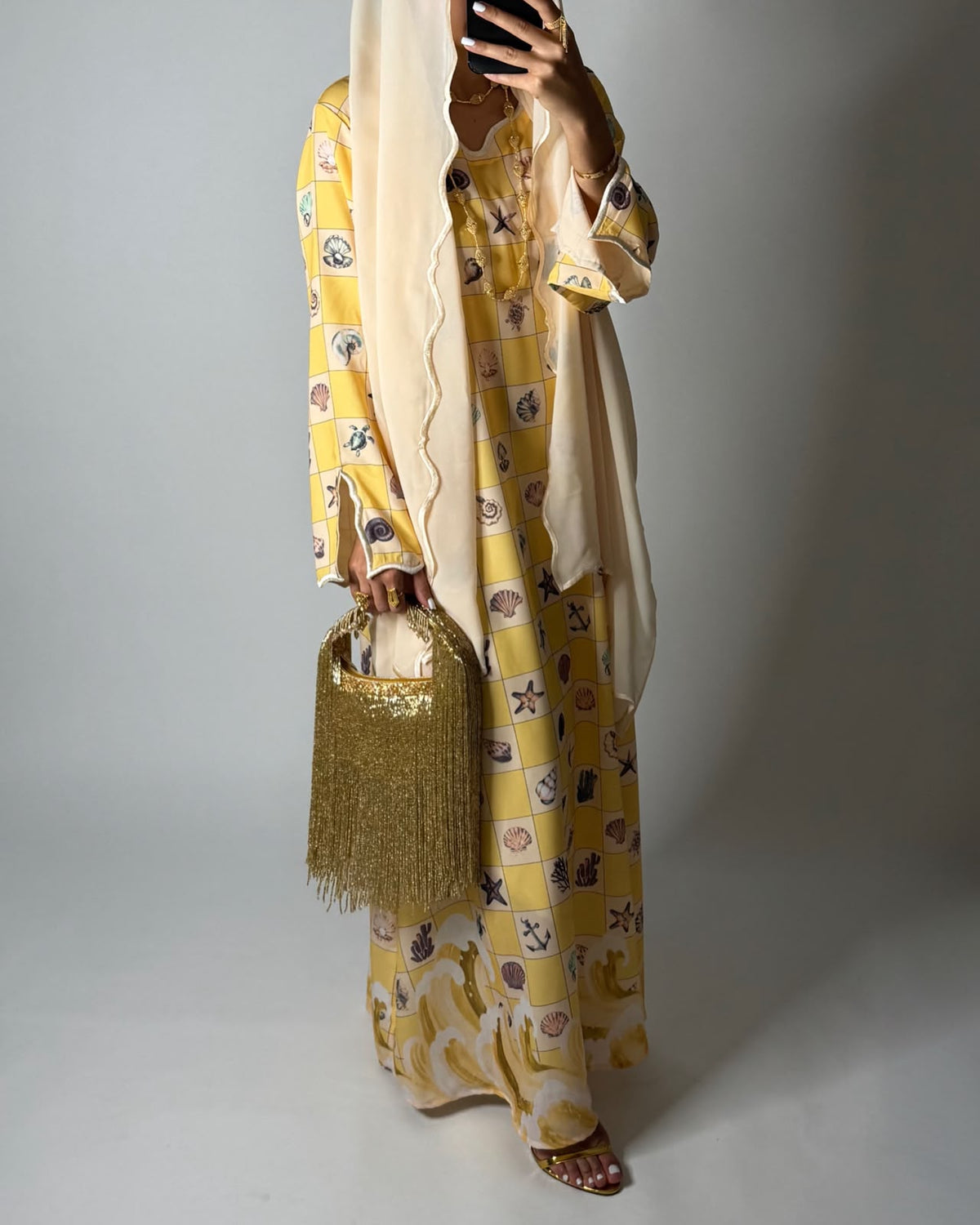 A680 - Shades of Yellow Waves Checkered Jalabiya & Matching Head Scarf
