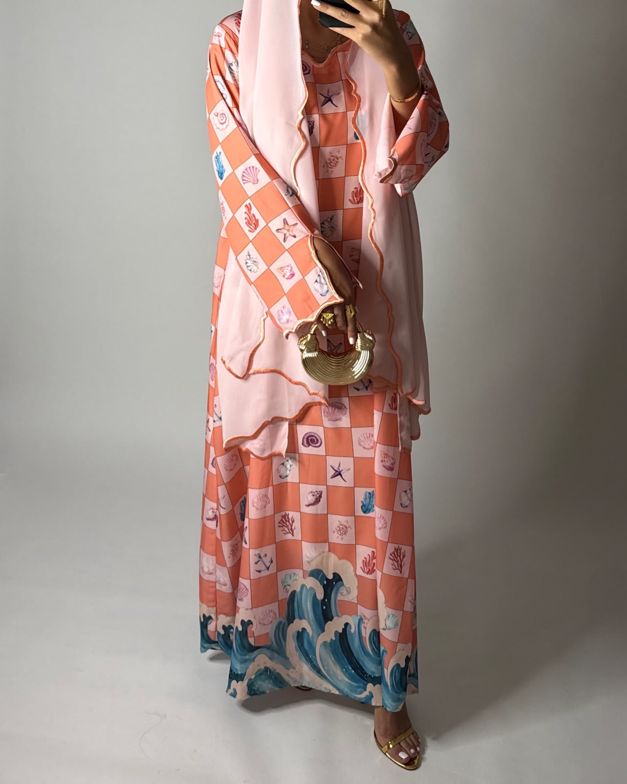 A681 - Pink & Peach Waves Checkered Jalabiya & Matching Head Scarf