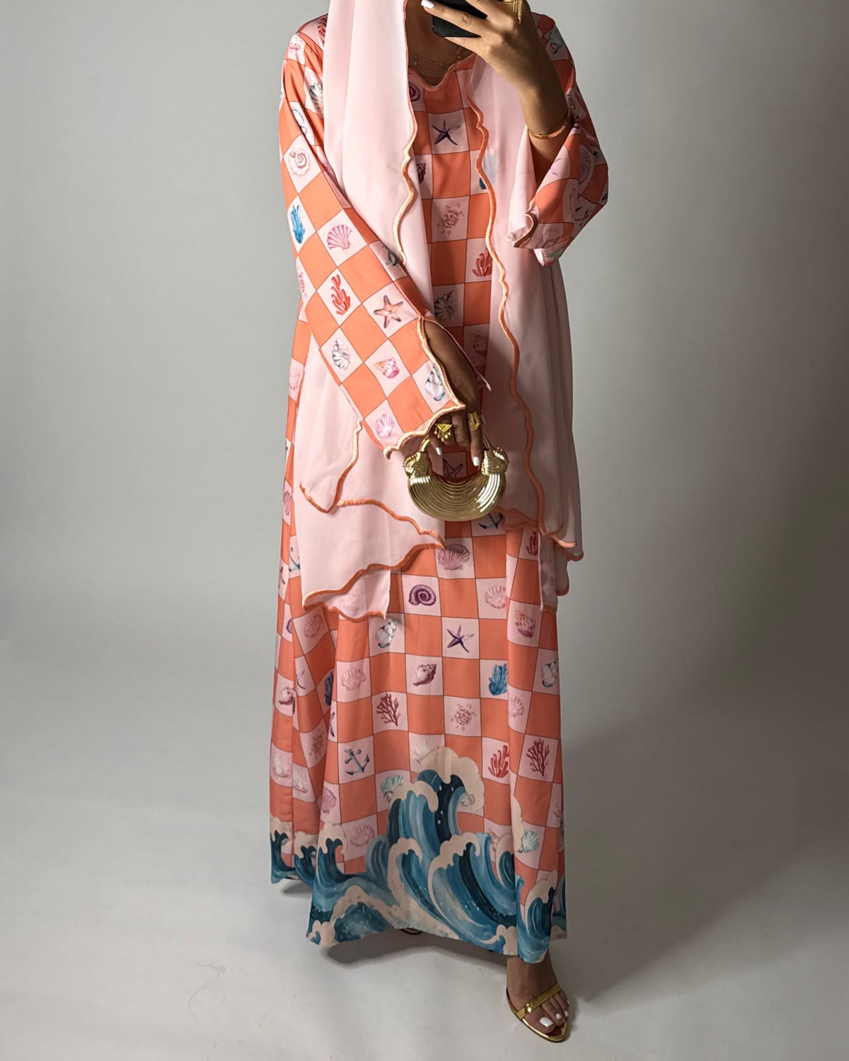 A681 - Pink & Peach Waves Checkered Jalabiya & Matching Head Scarf