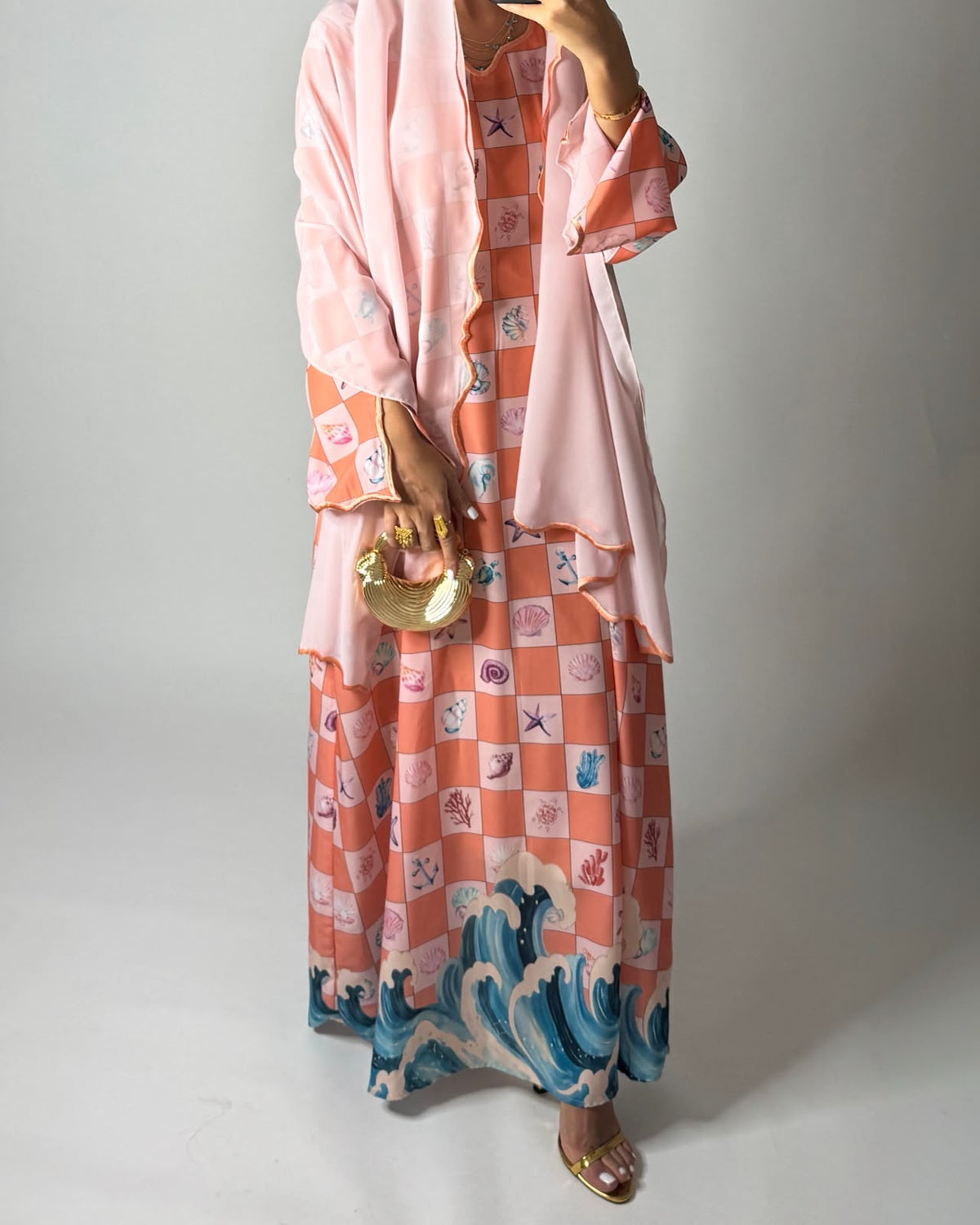 A681 - Pink & Peach Waves Checkered Jalabiya & Matching Head Scarf
