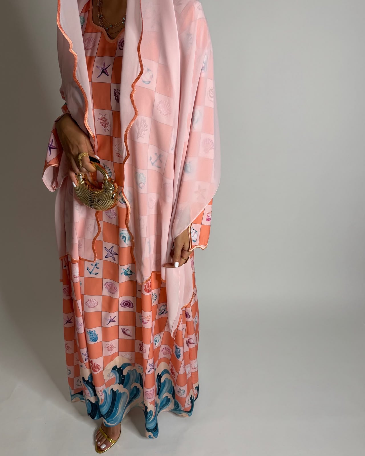 A681 - Pink & Peach Waves Checkered Jalabiya & Matching Head Scarf