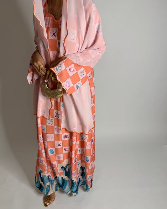 A681 - Pink & Peach Waves Checkered Jalabiya & Matching Head Scarf