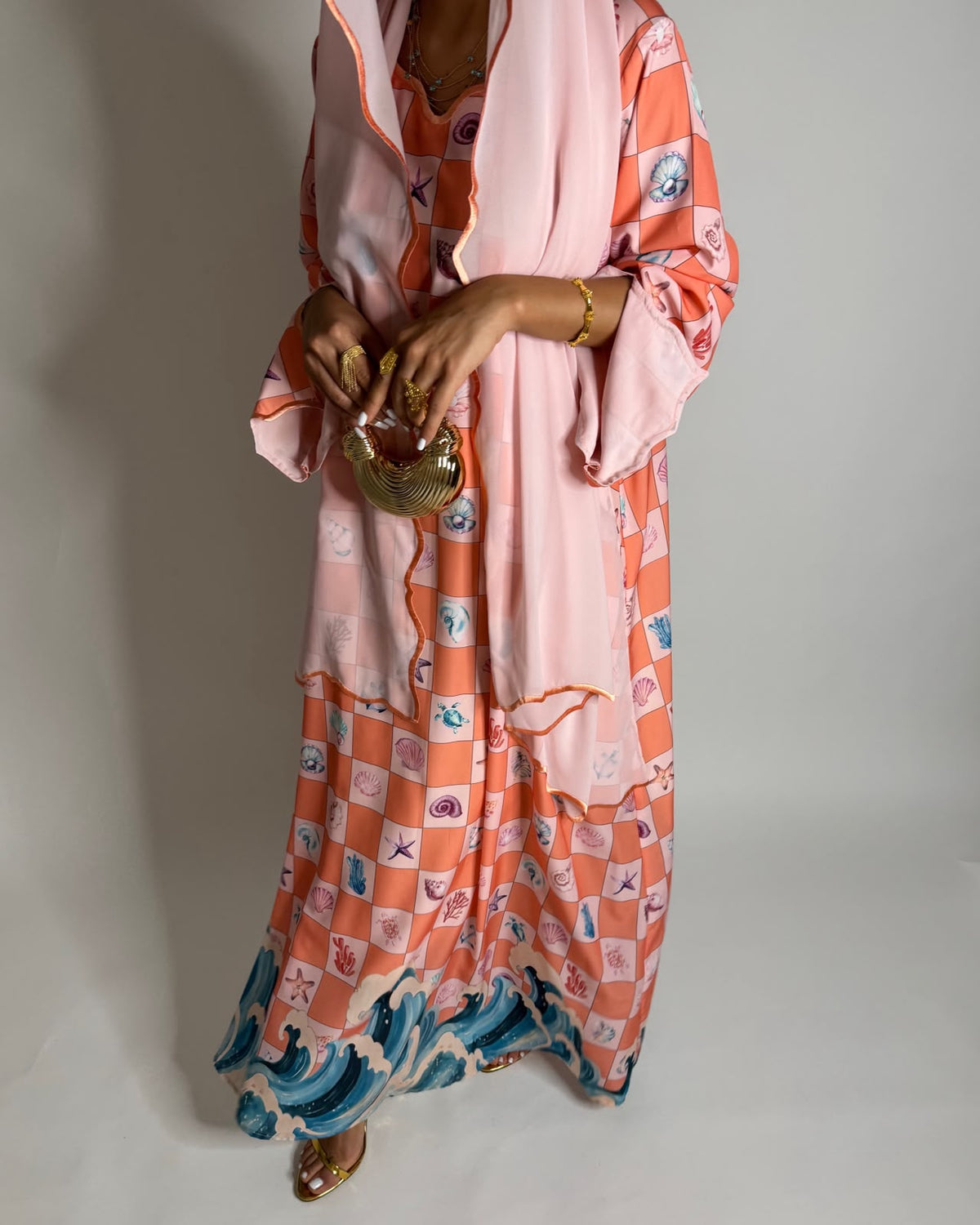 A681 - Pink & Peach Waves Checkered Jalabiya & Matching Head Scarf