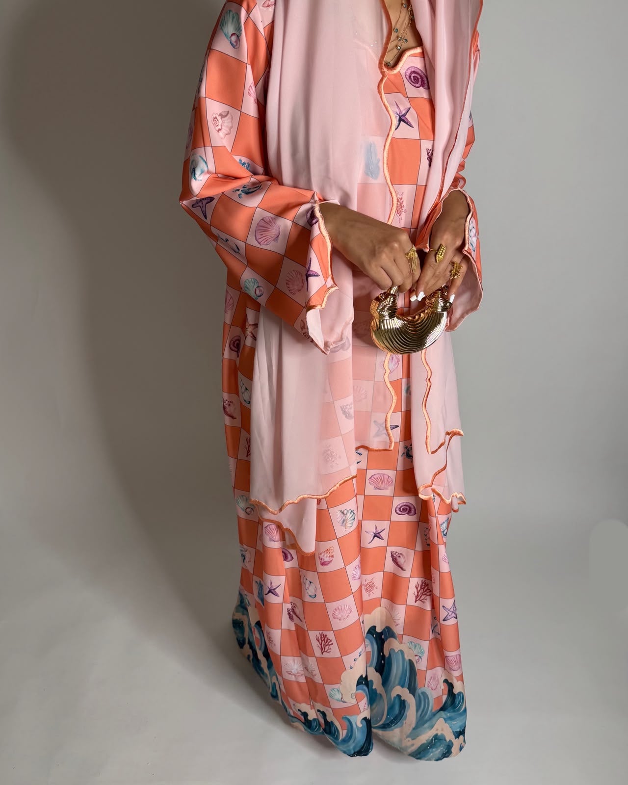 A681 - Pink & Peach Waves Checkered Jalabiya & Matching Head Scarf