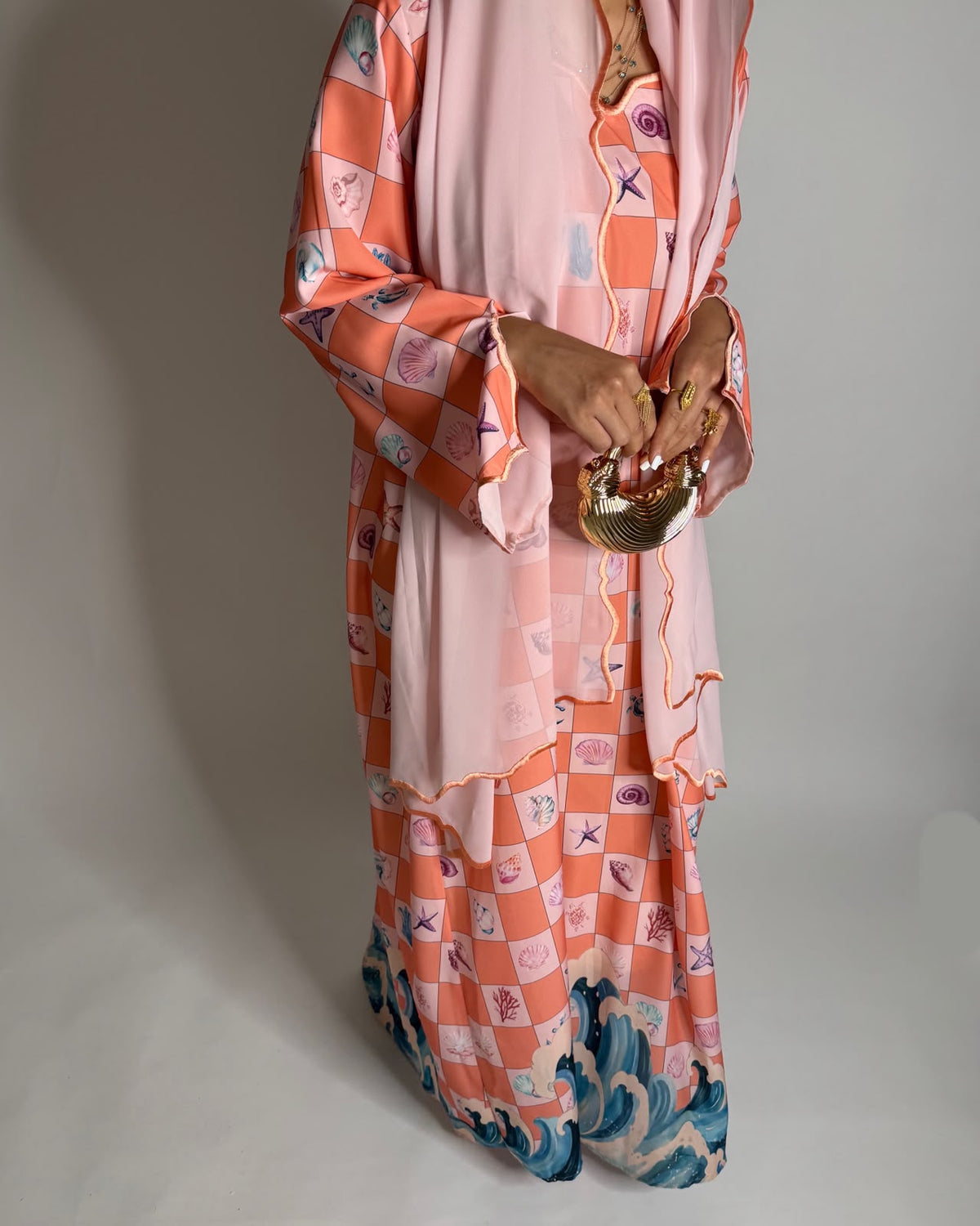 A681 - Pink & Peach Waves Checkered Jalabiya & Matching Head Scarf