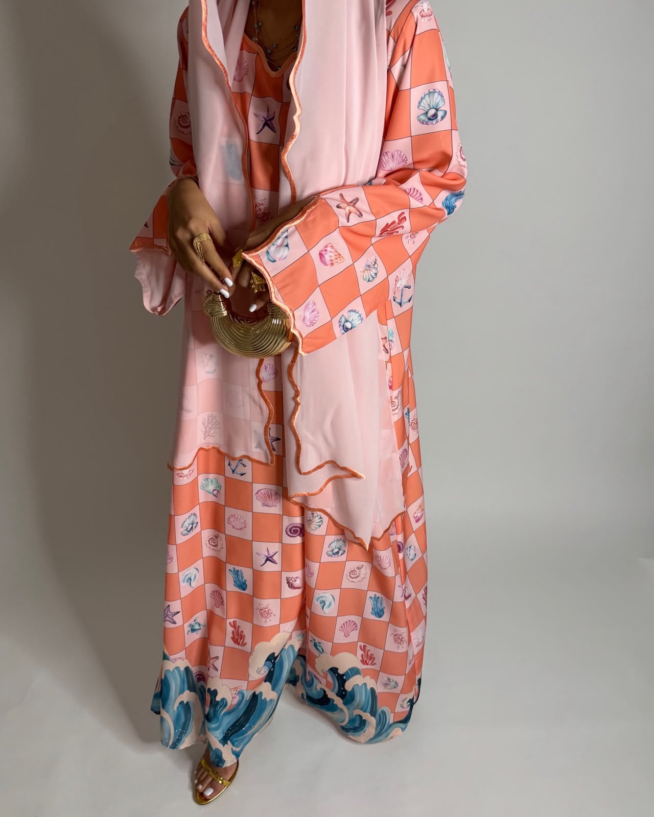 A681 - Pink & Peach Waves Checkered Jalabiya & Matching Head Scarf