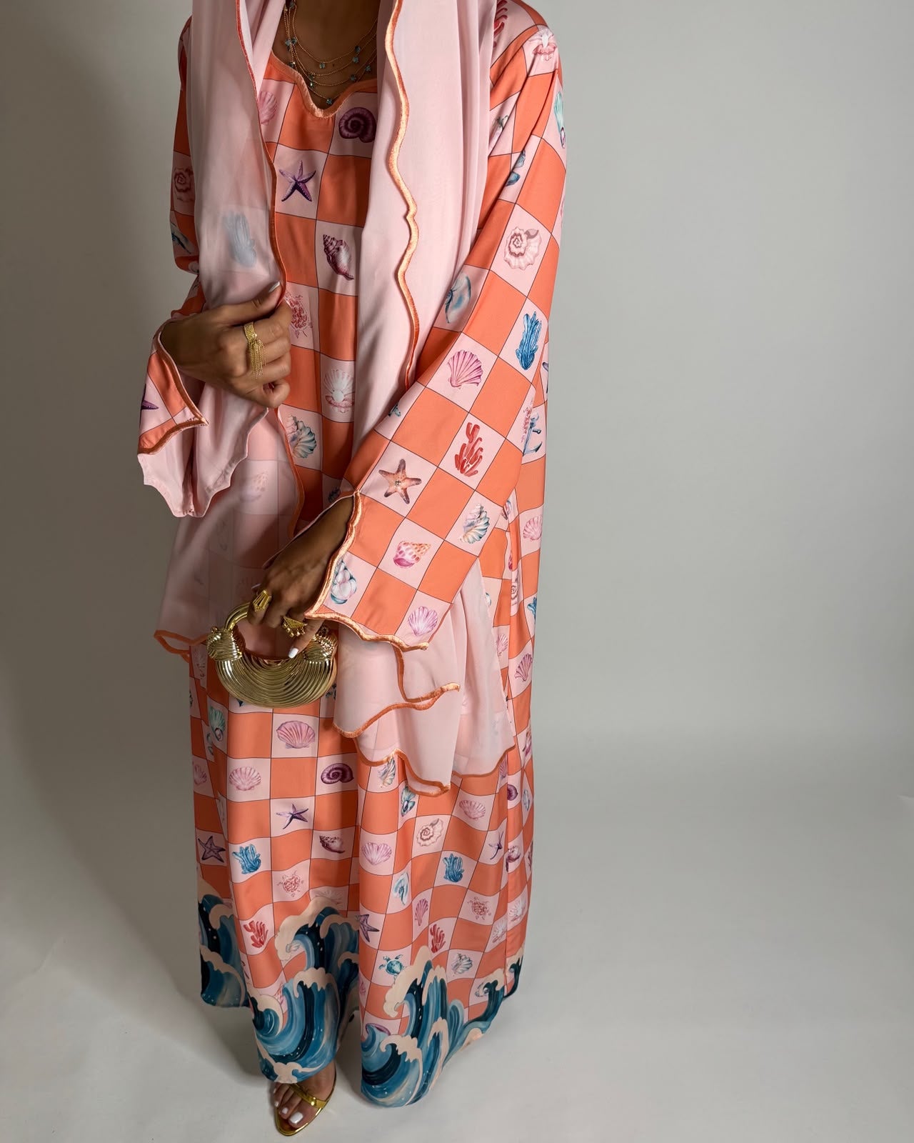 A681 - Pink & Peach Waves Checkered Jalabiya & Matching Head Scarf