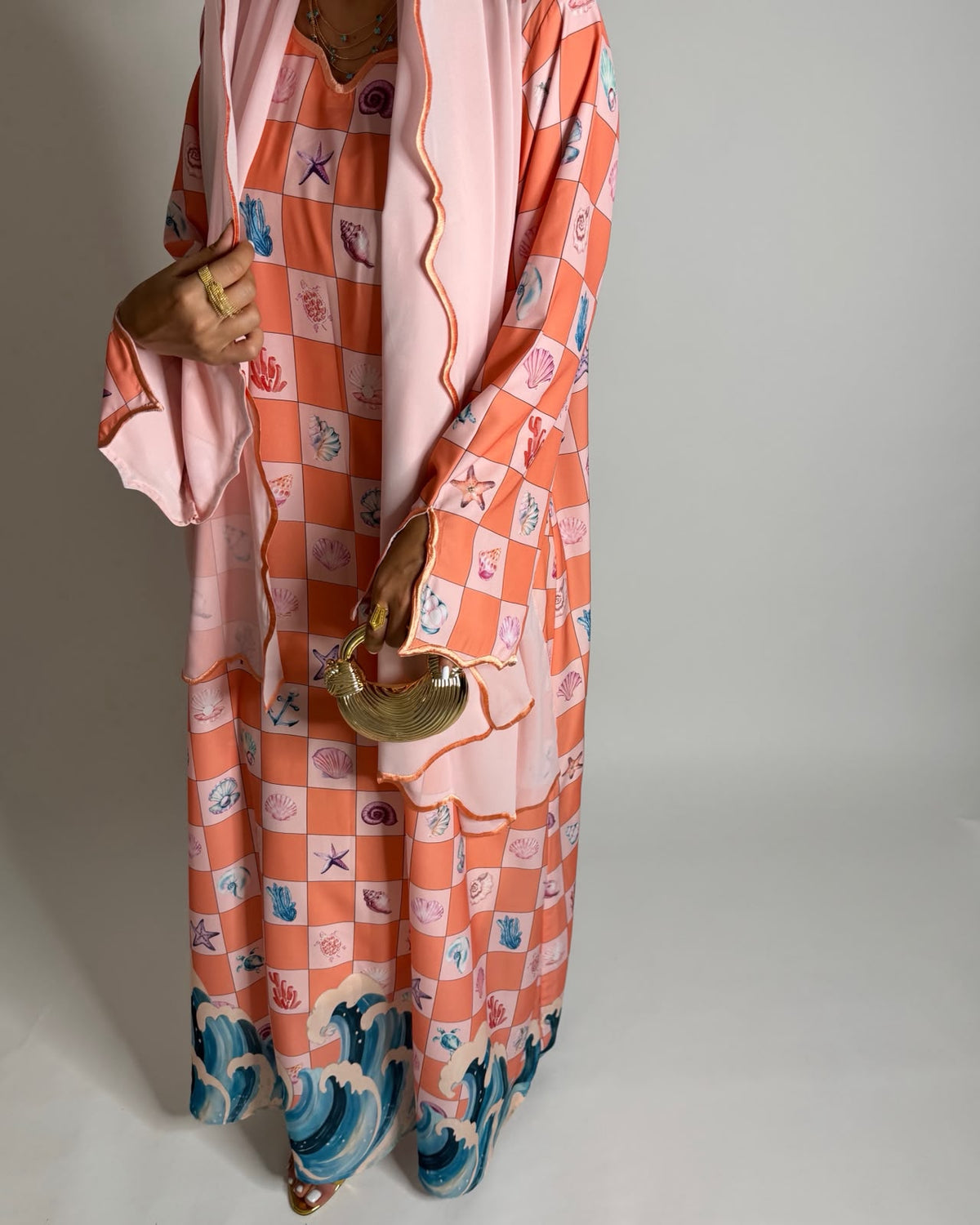 A681 - Pink & Peach Waves Checkered Jalabiya & Matching Head Scarf