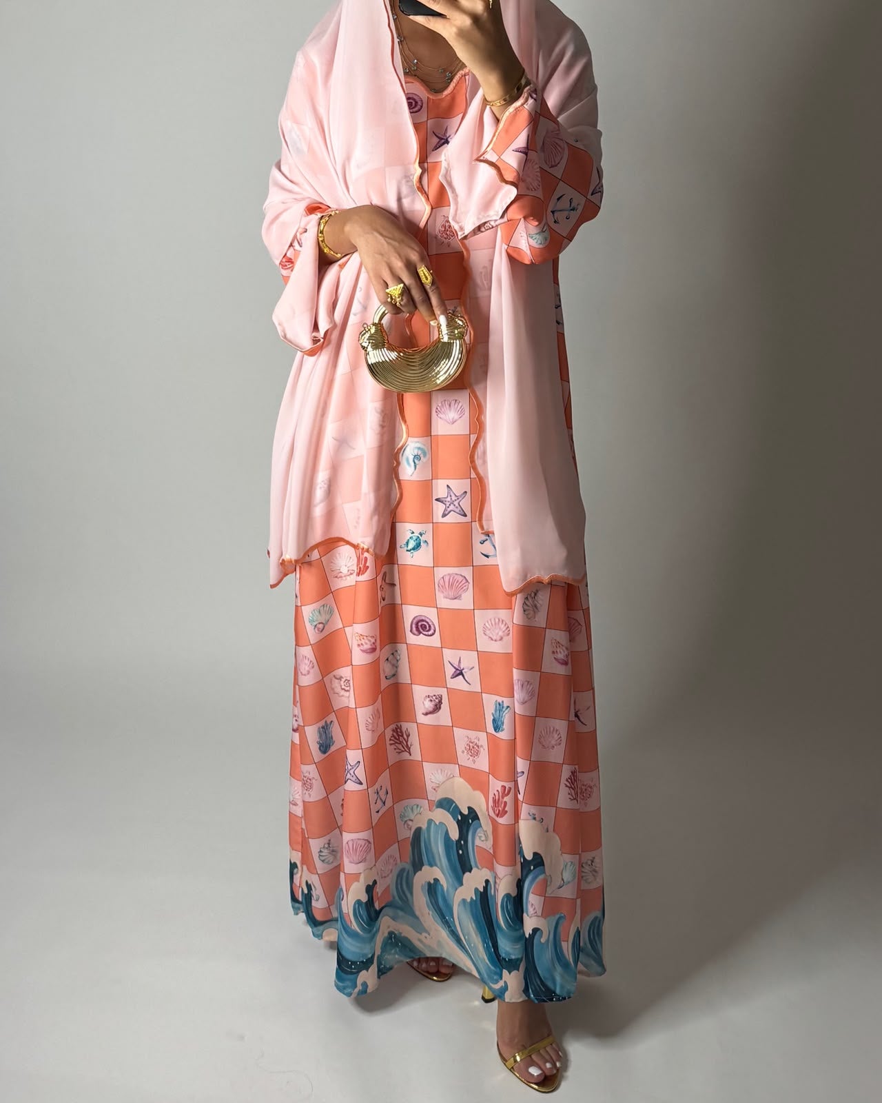 A681 - Pink & Peach Waves Checkered Jalabiya & Matching Head Scarf