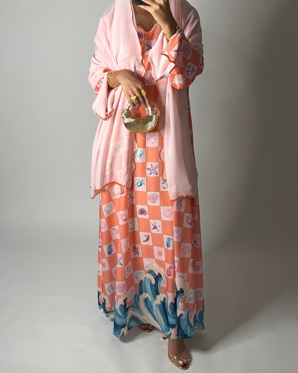A681 - Pink & Peach Waves Checkered Jalabiya & Matching Head Scarf