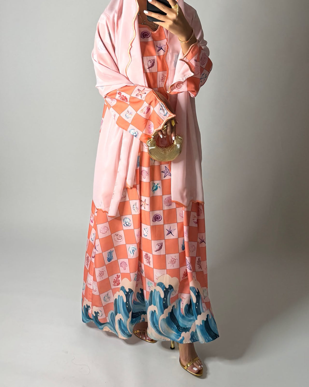 A681 - Pink & Peach Waves Checkered Jalabiya & Matching Head Scarf