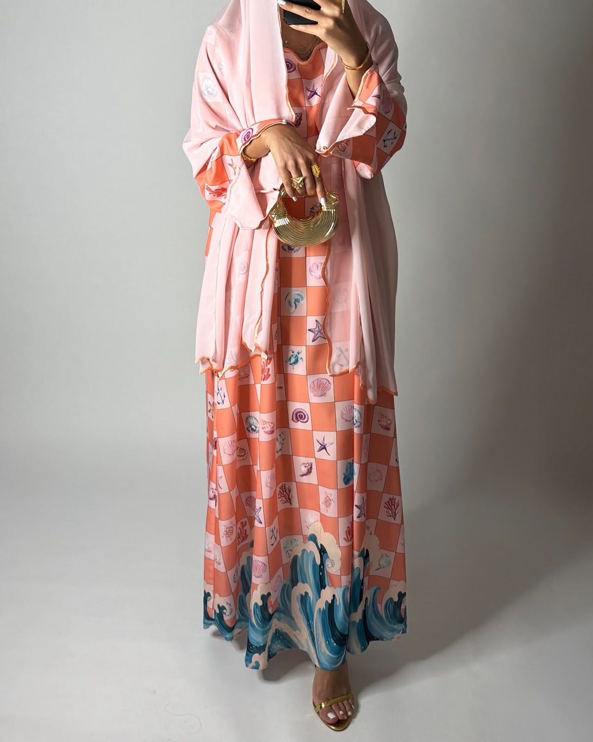 A681 - Pink & Peach Waves Checkered Jalabiya & Matching Head Scarf