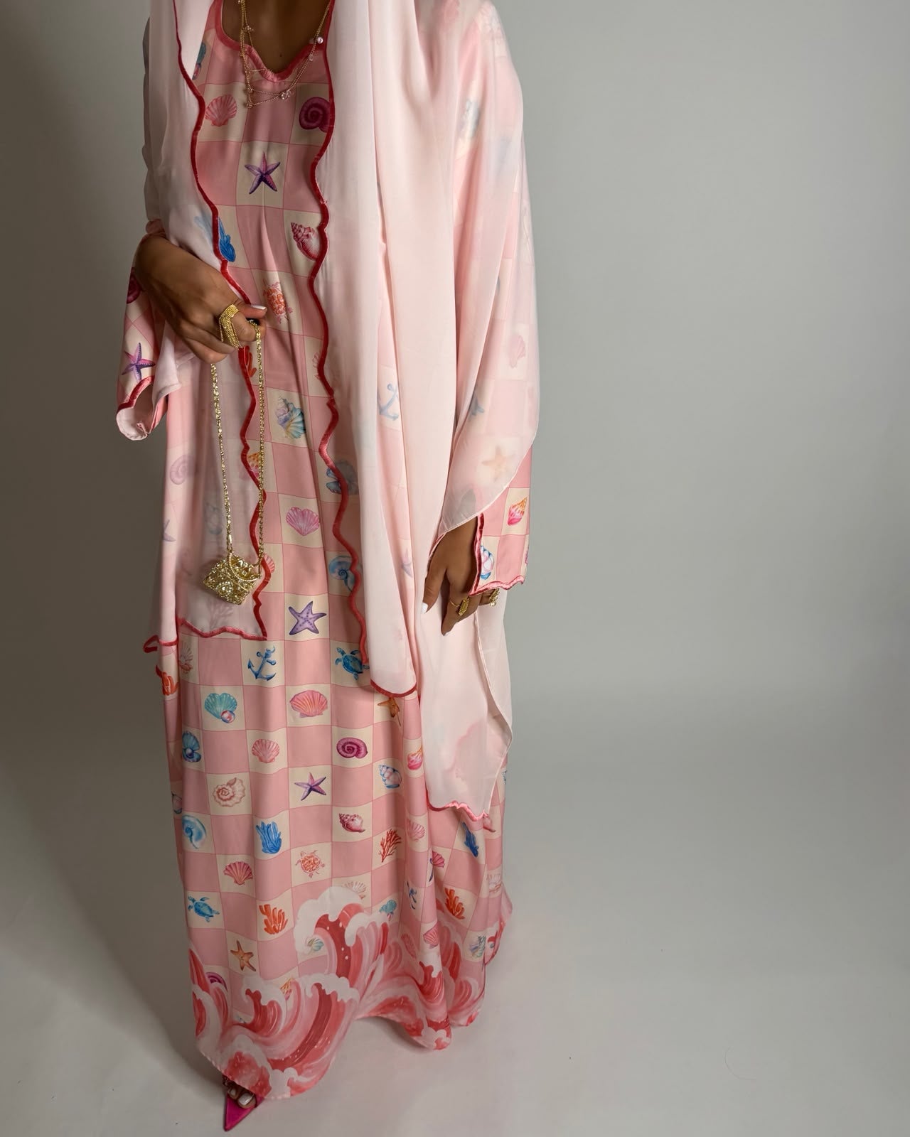 A678 - Shades of Pink Waves Checkered Jalabiya & Matching Head Scarf