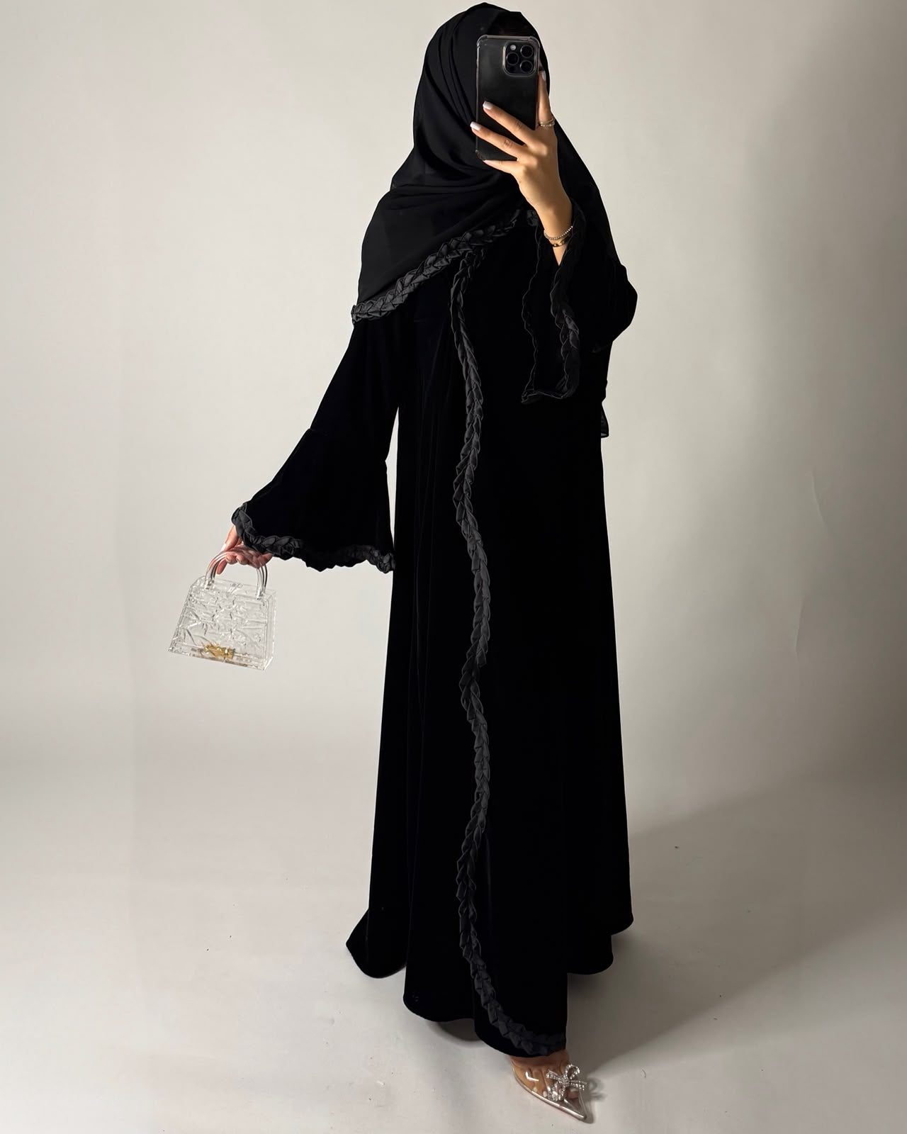 A682 - Black Braided Waves Velvet Abaya with Matching Head Scarf