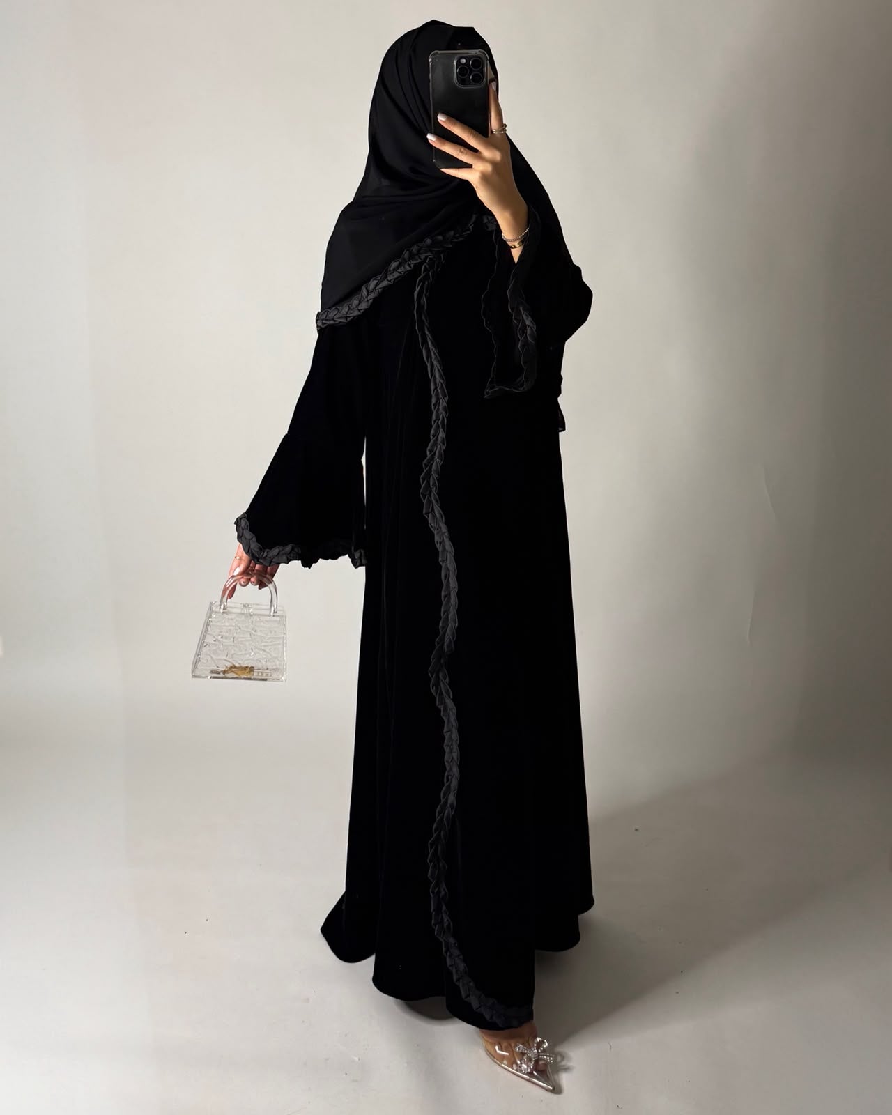 A682 - Black Braided Waves Velvet Abaya with Matching Head Scarf