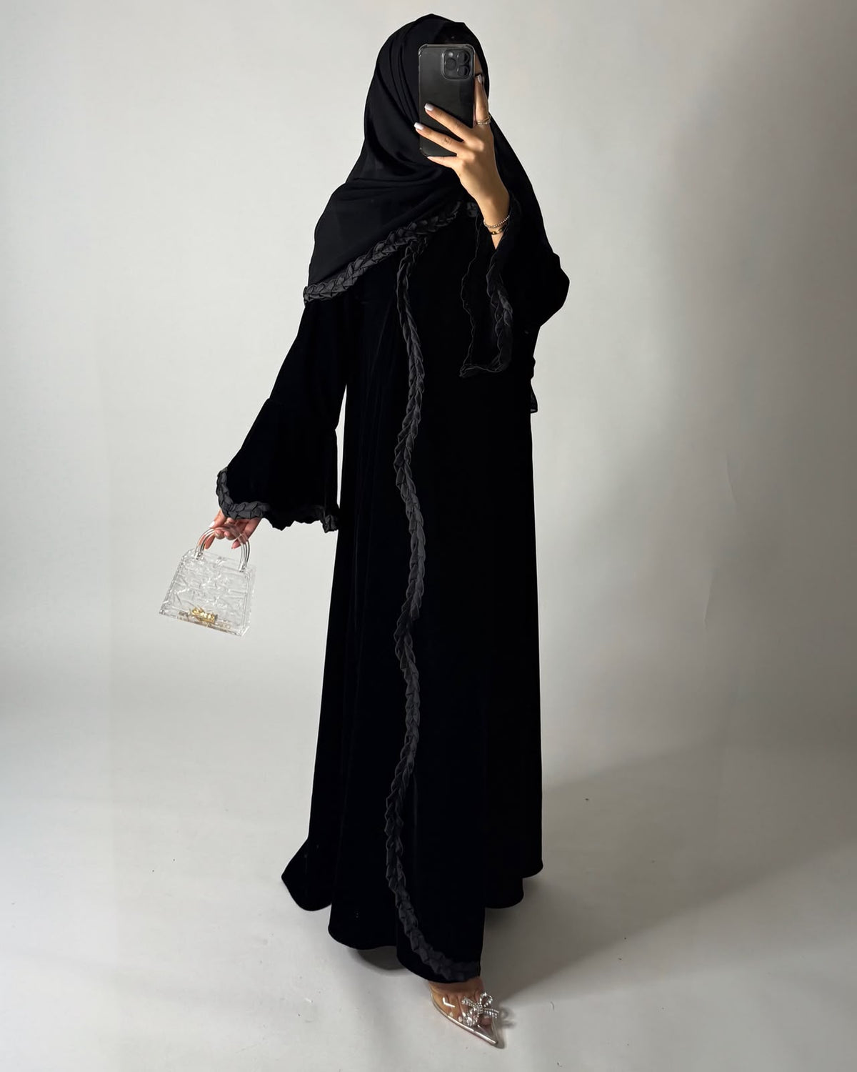 A682 - Black Braided Waves Velvet Abaya with Matching Head Scarf