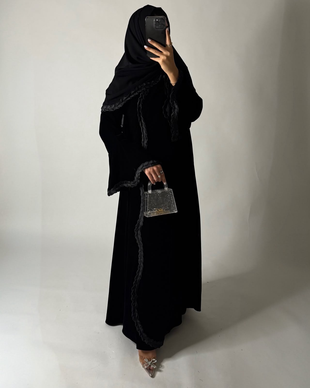 A682 - Black Braided Waves Velvet Abaya with Matching Head Scarf