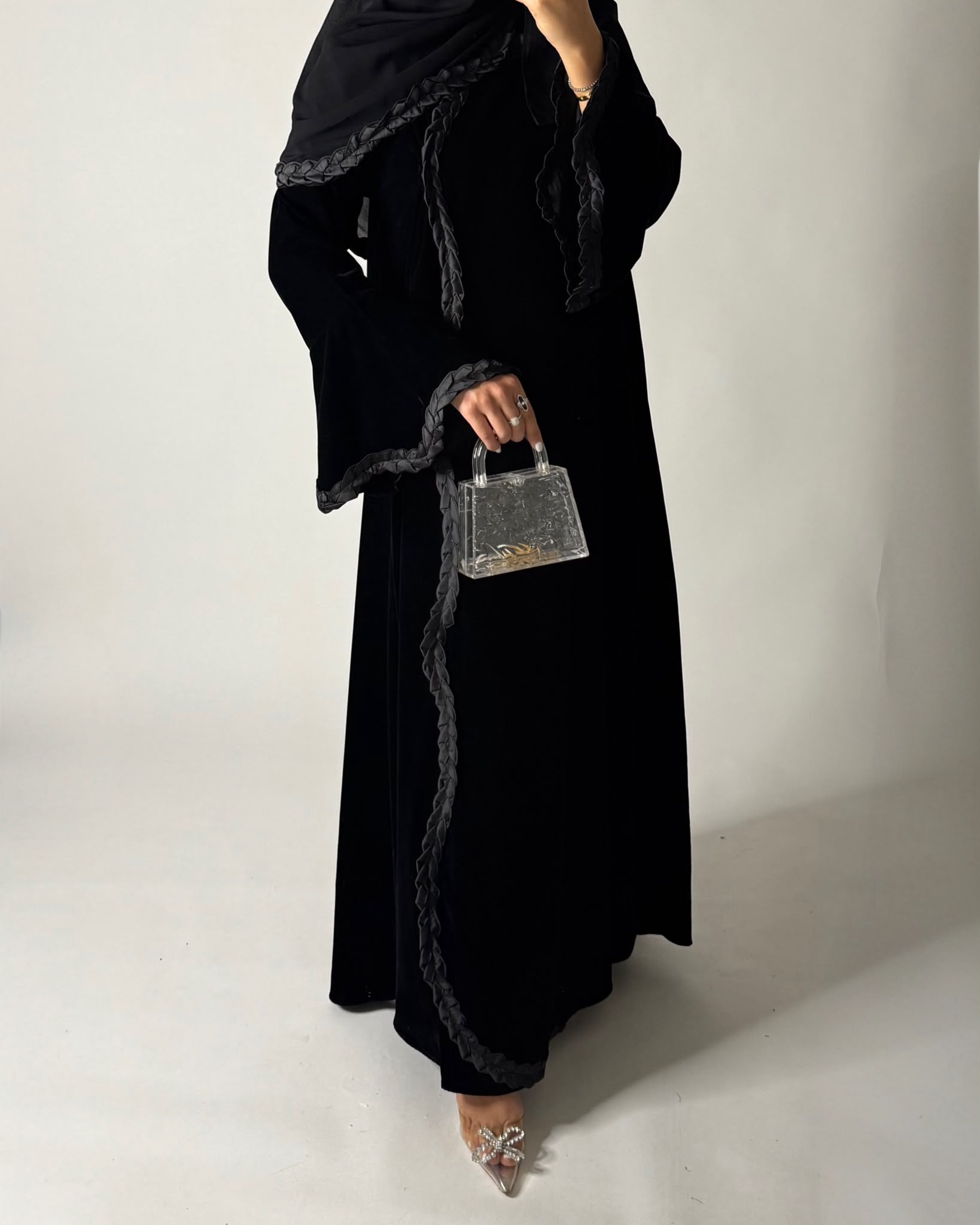 A682 - Black Braided Waves Velvet Abaya with Matching Head Scarf