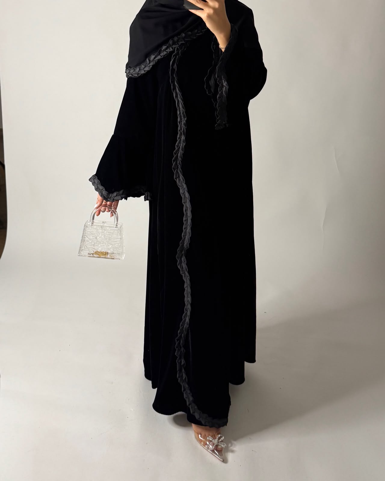 A682 - Black Braided Waves Velvet Abaya with Matching Head Scarf