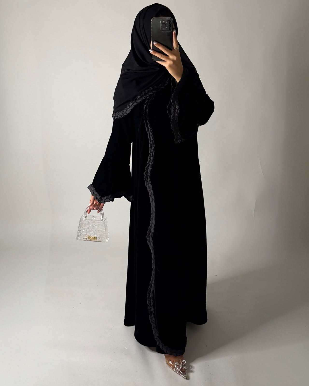 A682 - Black Braided Waves Velvet Abaya with Matching Head Scarf