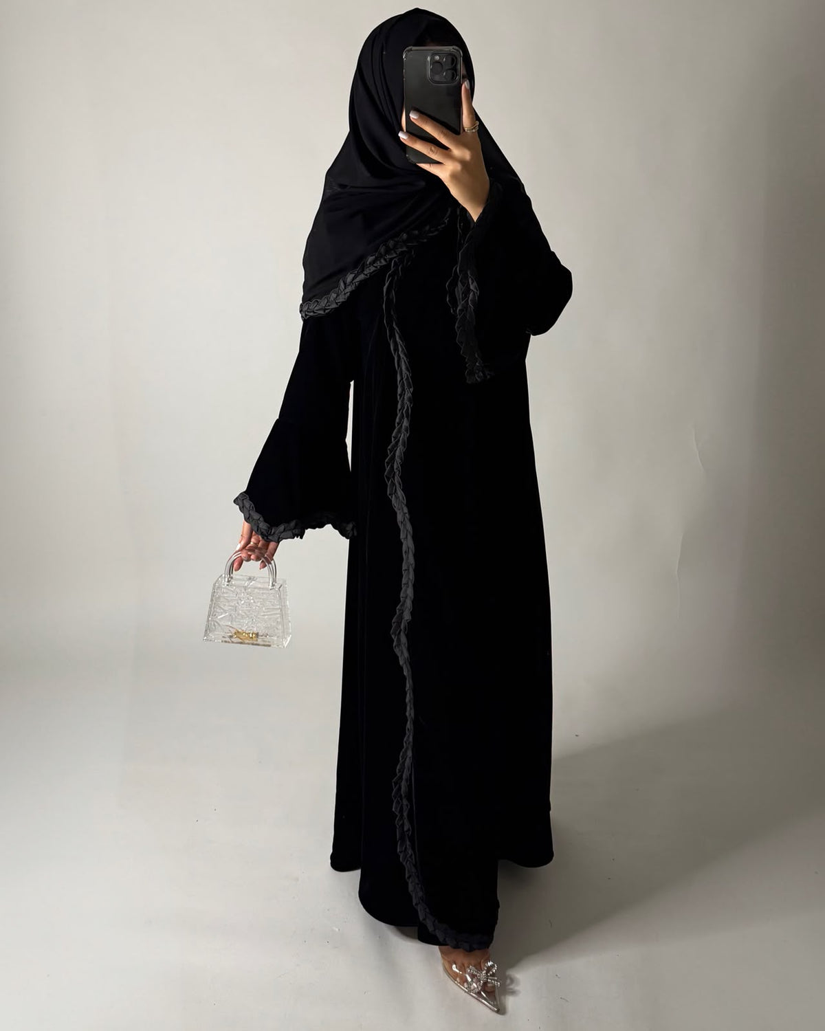 A682 - Black Braided Waves Velvet Abaya with Matching Head Scarf