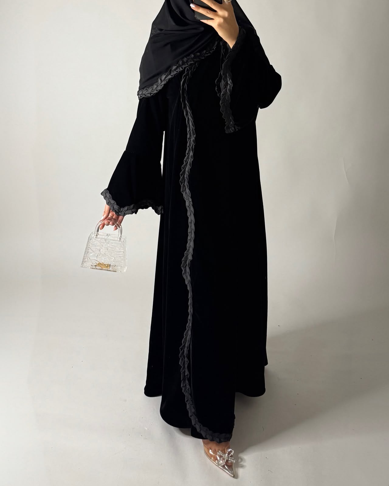 A682 - Black Braided Waves Velvet Abaya with Matching Head Scarf