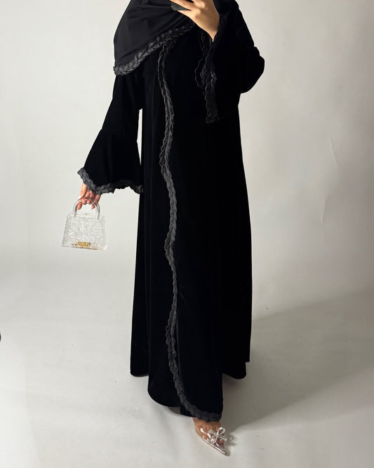 A682 - Black Braided Waves Velvet Abaya with Matching Head Scarf