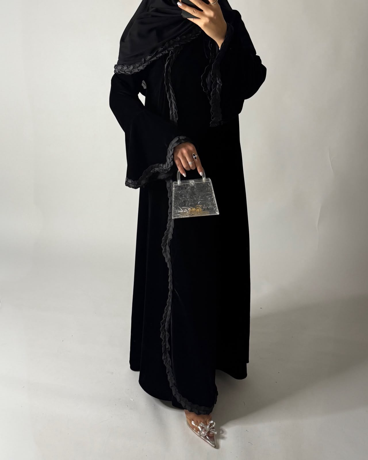 A682 - Black Braided Waves Velvet Abaya with Matching Head Scarf