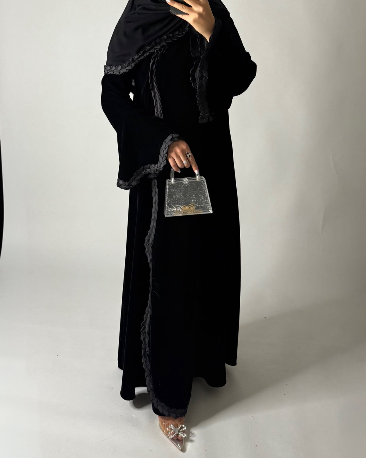 A682 - Black Braided Waves Velvet Abaya with Matching Head Scarf
