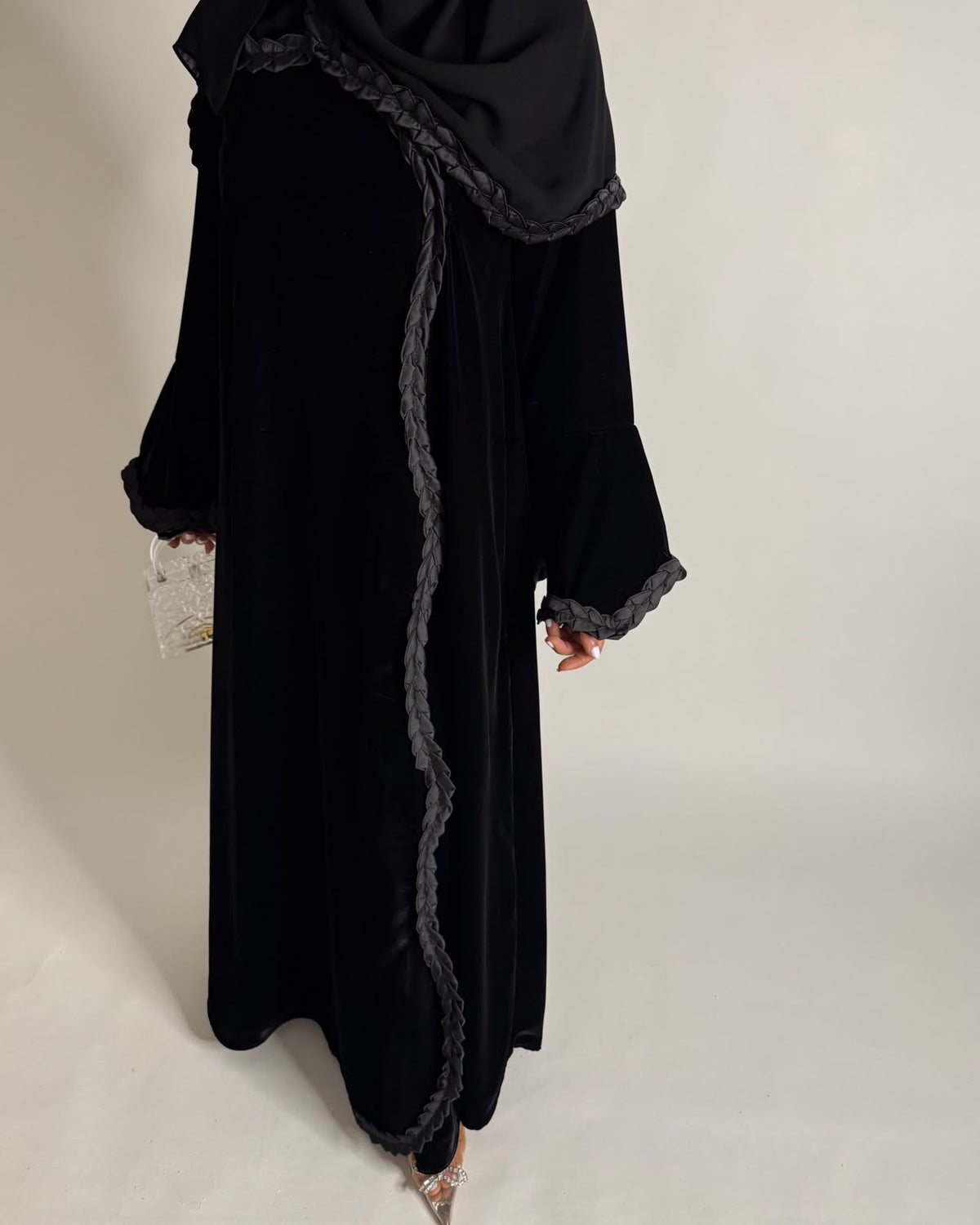 A682 - Black Braided Waves Velvet Abaya with Matching Head Scarf