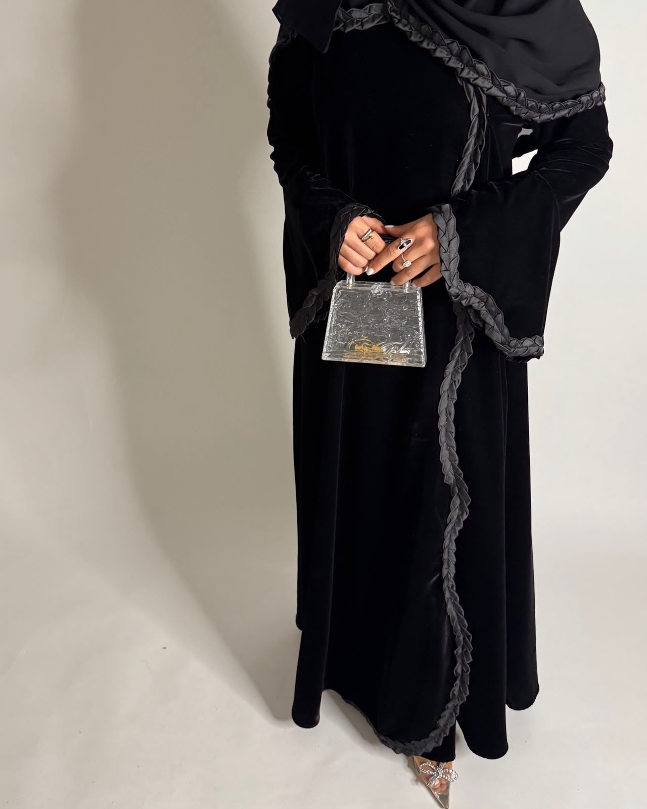 A682 - Black Braided Waves Velvet Abaya with Matching Head Scarf