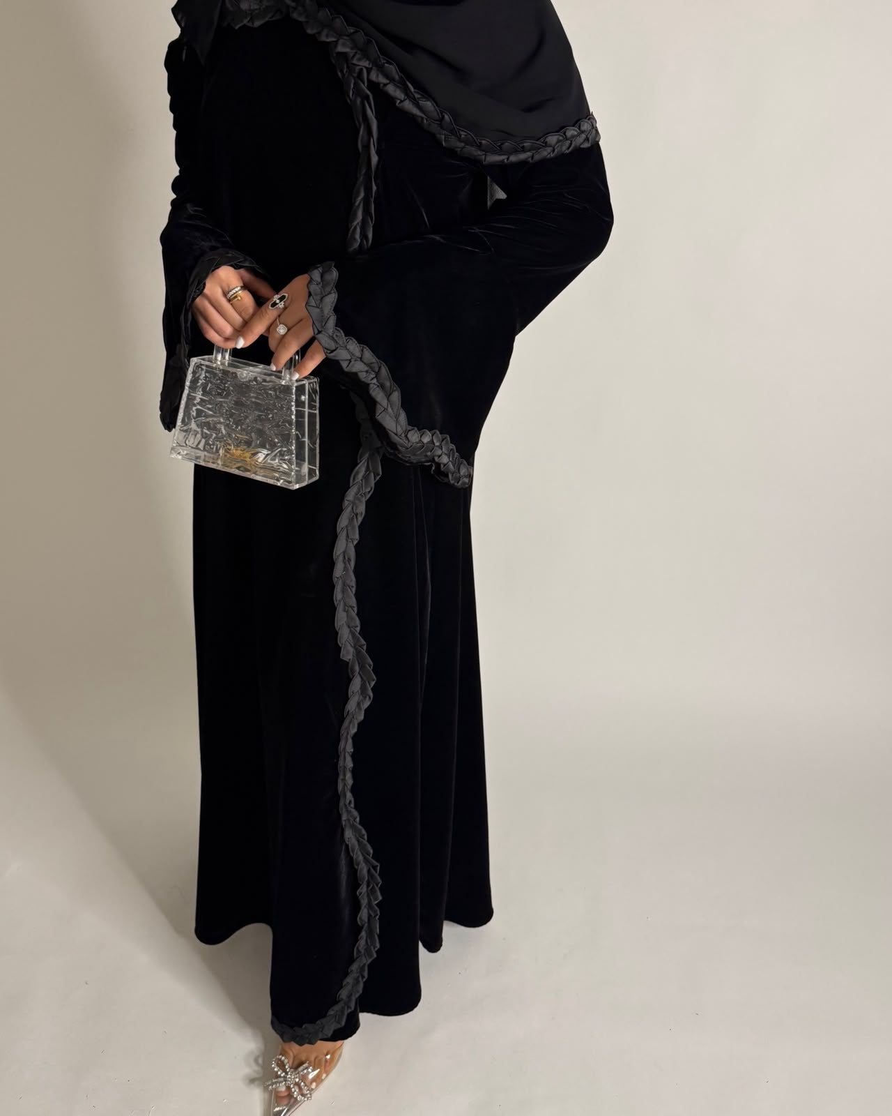 A682 - Black Braided Waves Velvet Abaya with Matching Head Scarf