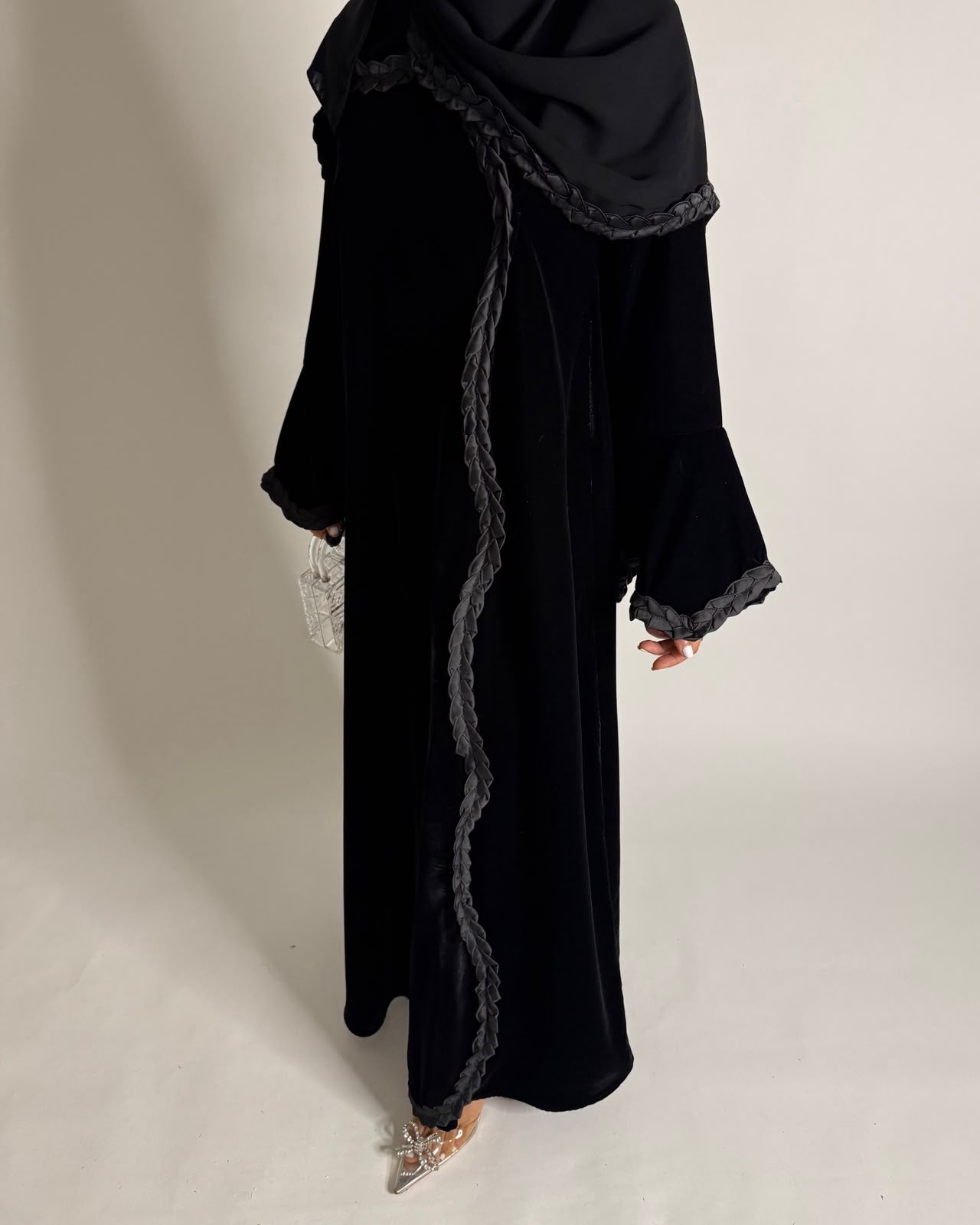A682 - Black Braided Waves Velvet Abaya with Matching Head Scarf