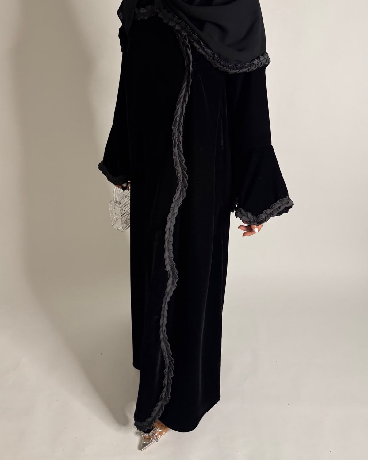 A682 - Black Braided Waves Velvet Abaya with Matching Head Scarf
