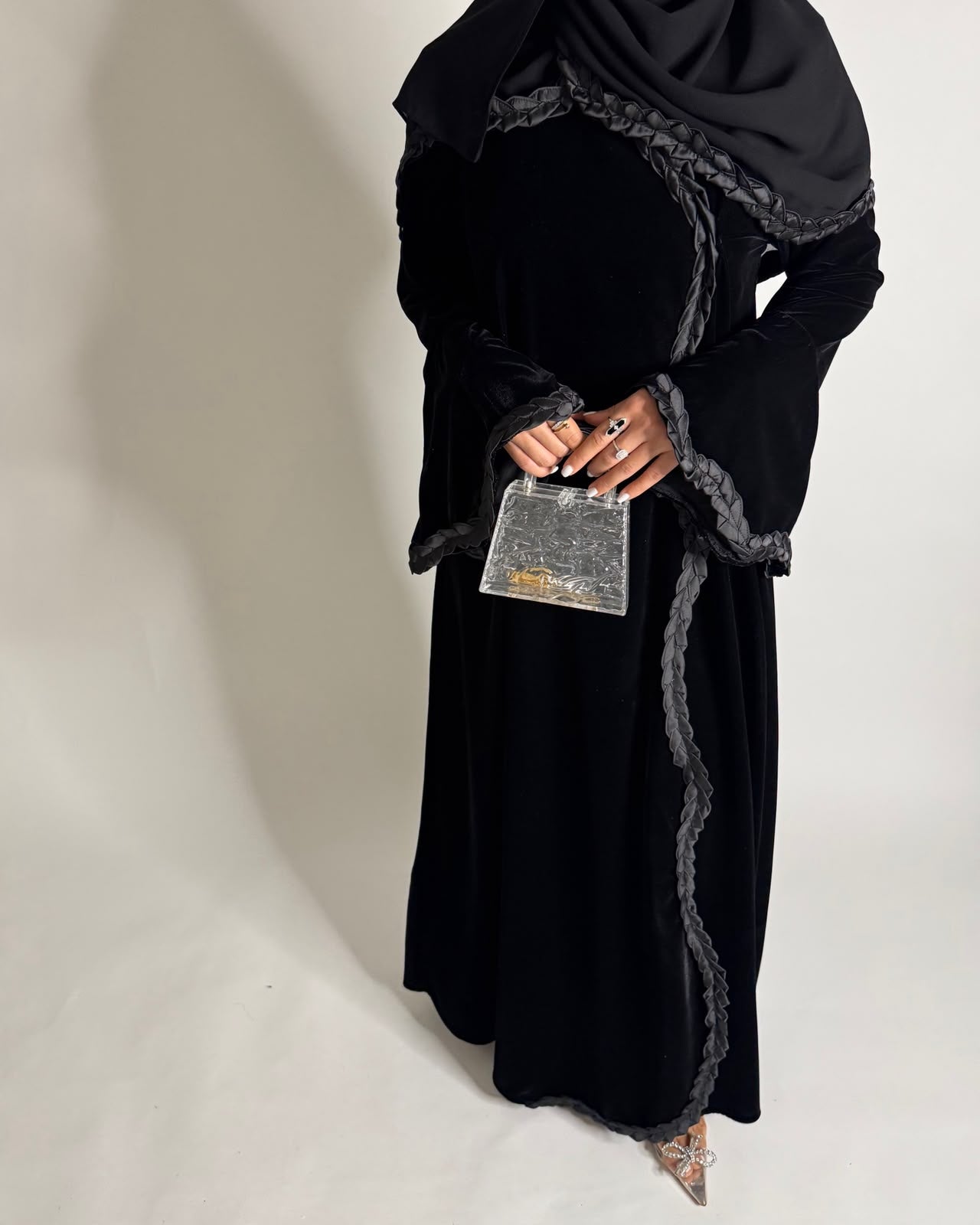 A682 - Black Braided Waves Velvet Abaya with Matching Head Scarf