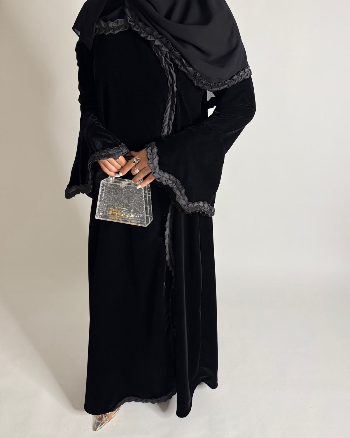 A682 - Black Braided Waves Velvet Abaya with Matching Head Scarf