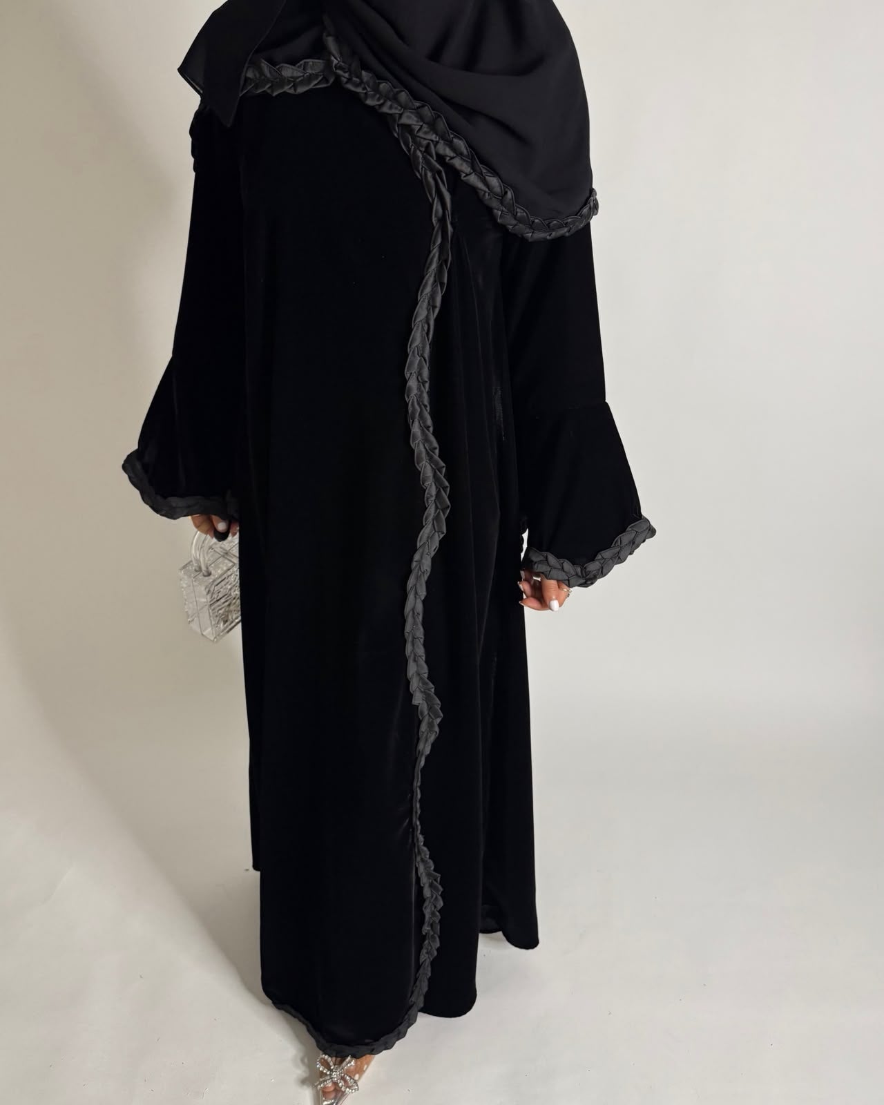 A682 - Black Braided Waves Velvet Abaya with Matching Head Scarf