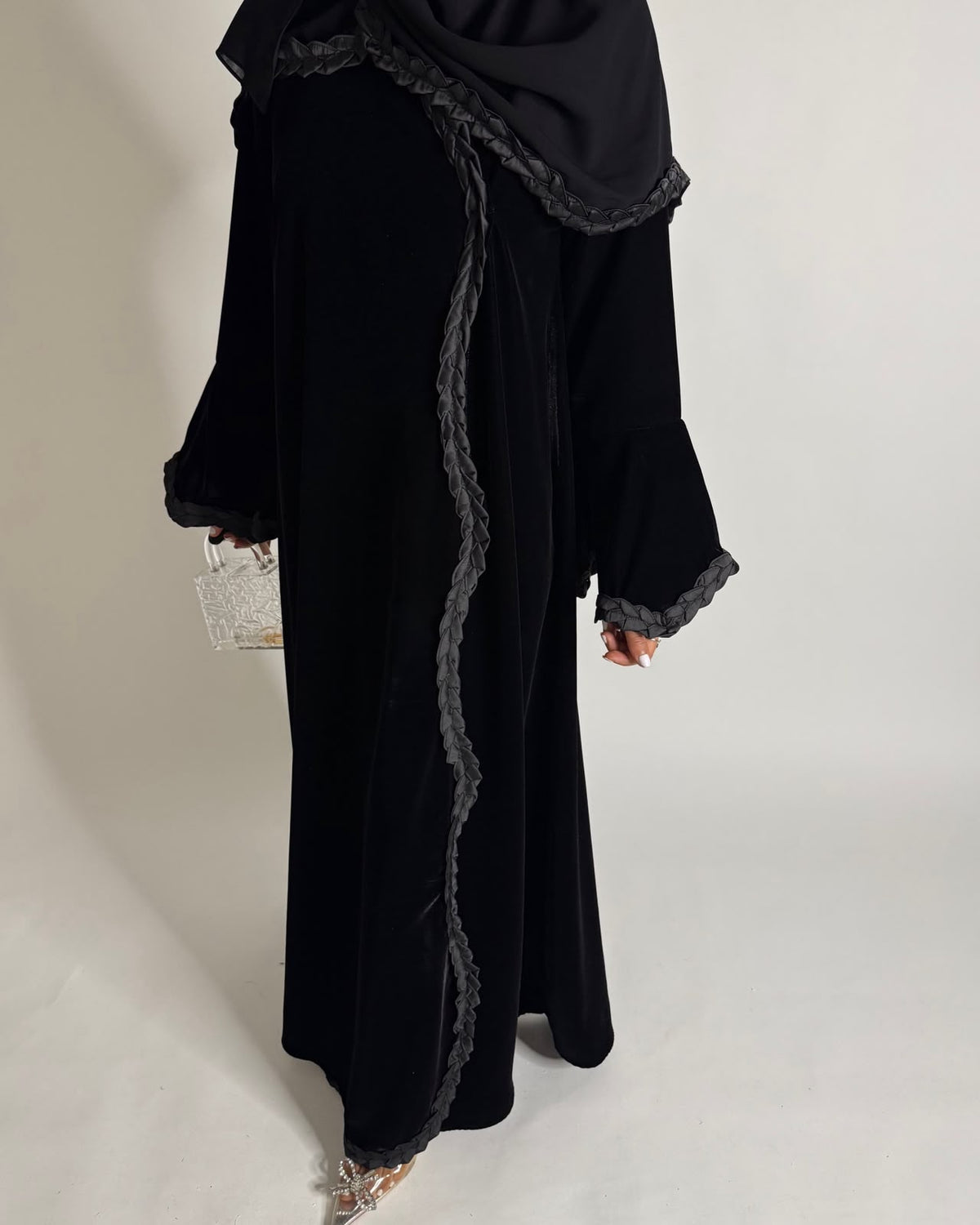 A682 - Black Braided Waves Velvet Abaya with Matching Head Scarf