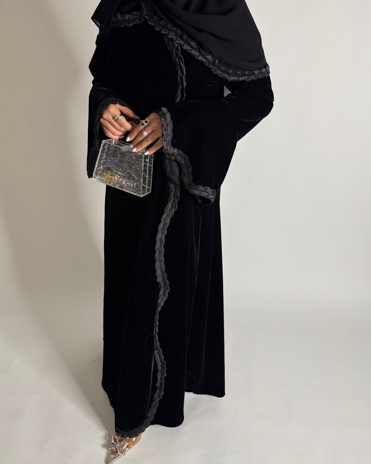 A682 - Black Braided Waves Velvet Abaya with Matching Head Scarf