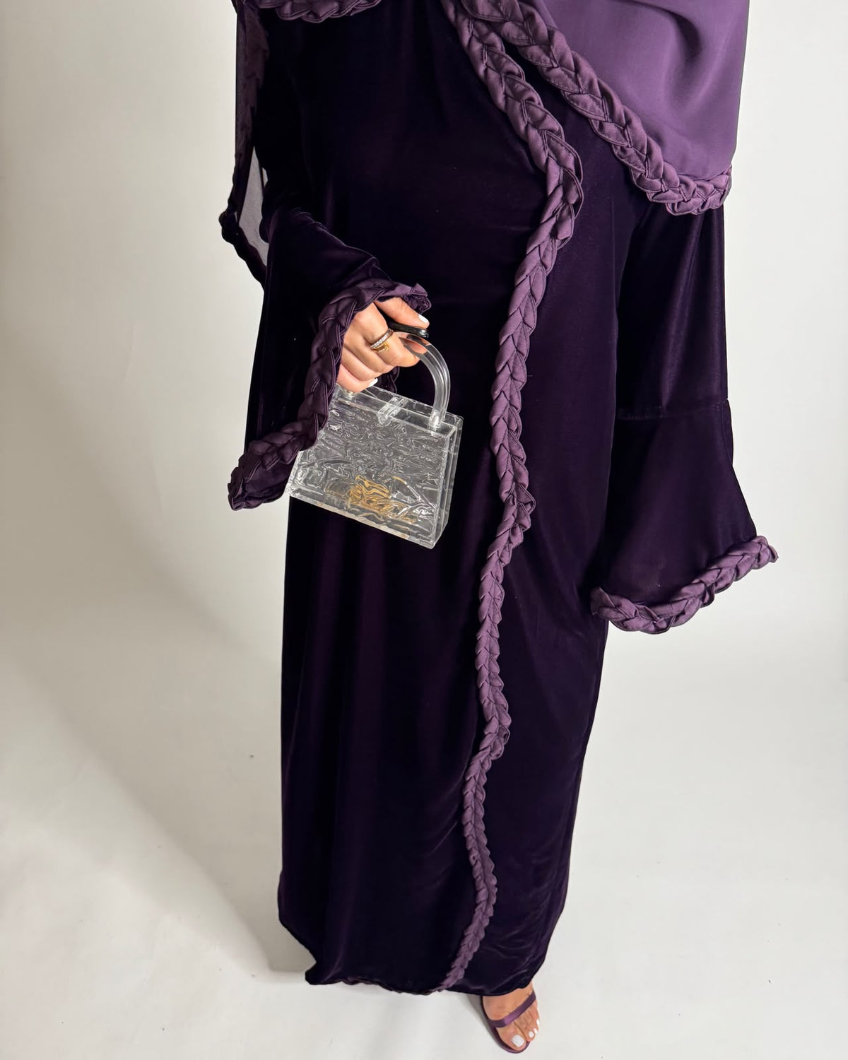 A683 - Purple Braided Waves Velvet Abaya with Matching Head Scarf
