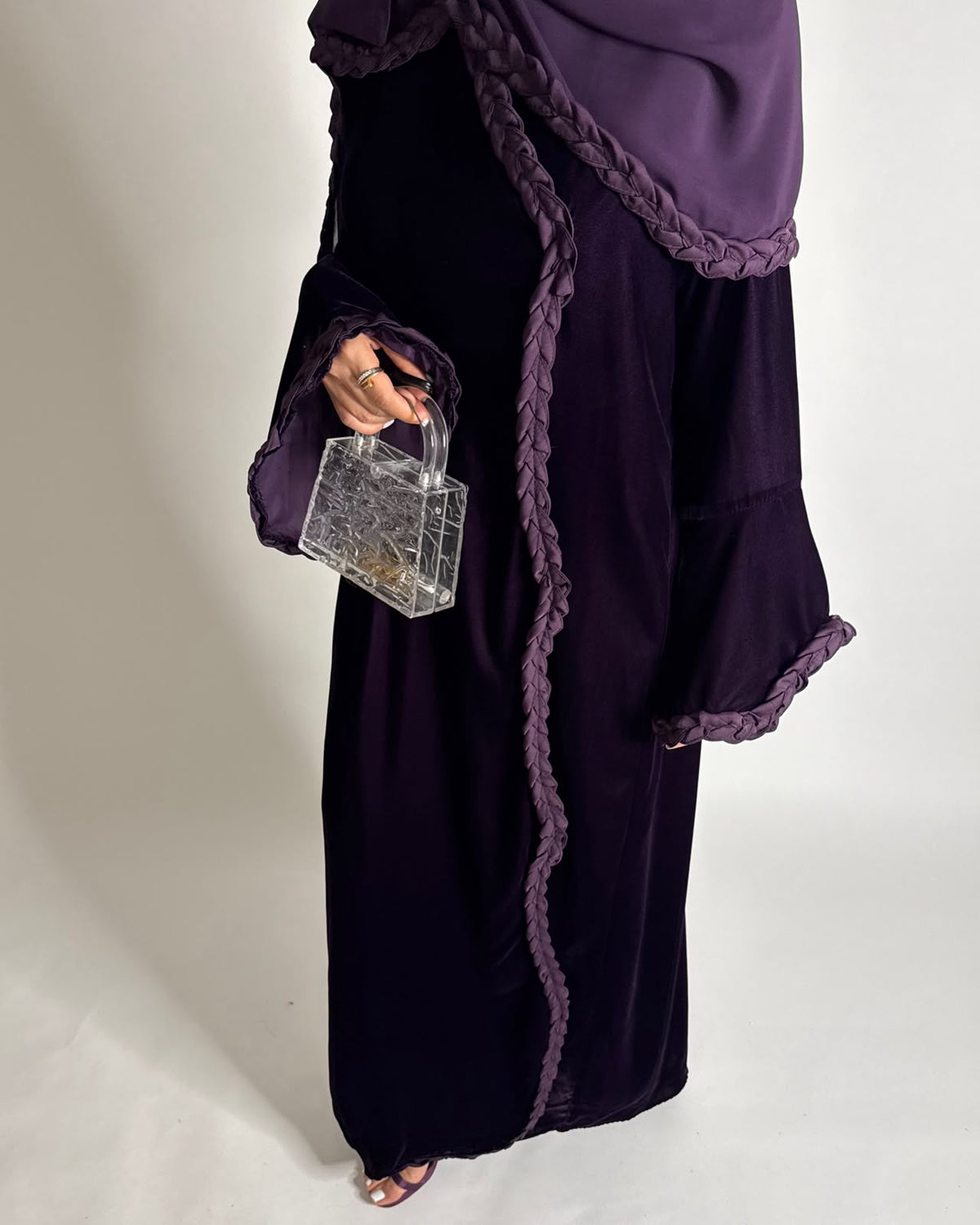 A683 - Purple Braided Waves Velvet Abaya with Matching Head Scarf
