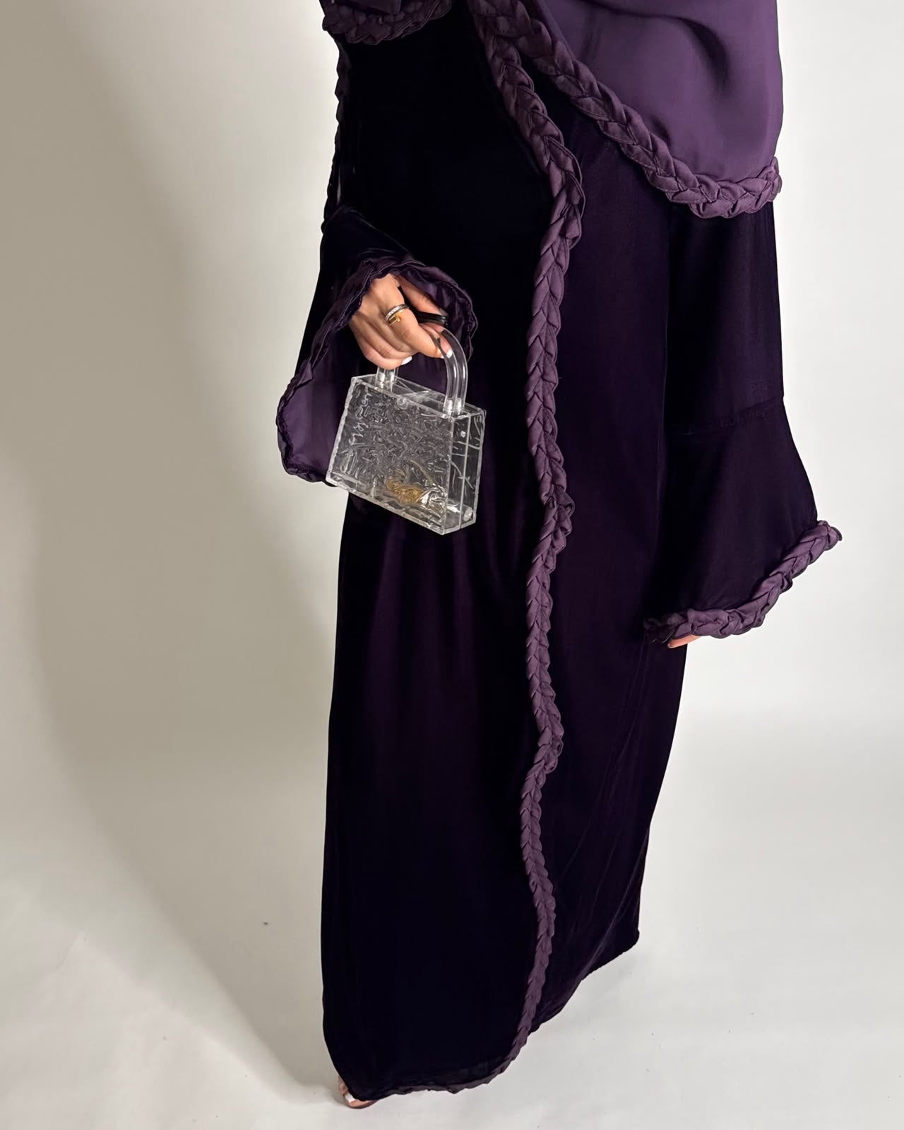A683 - Purple Braided Waves Velvet Abaya with Matching Head Scarf