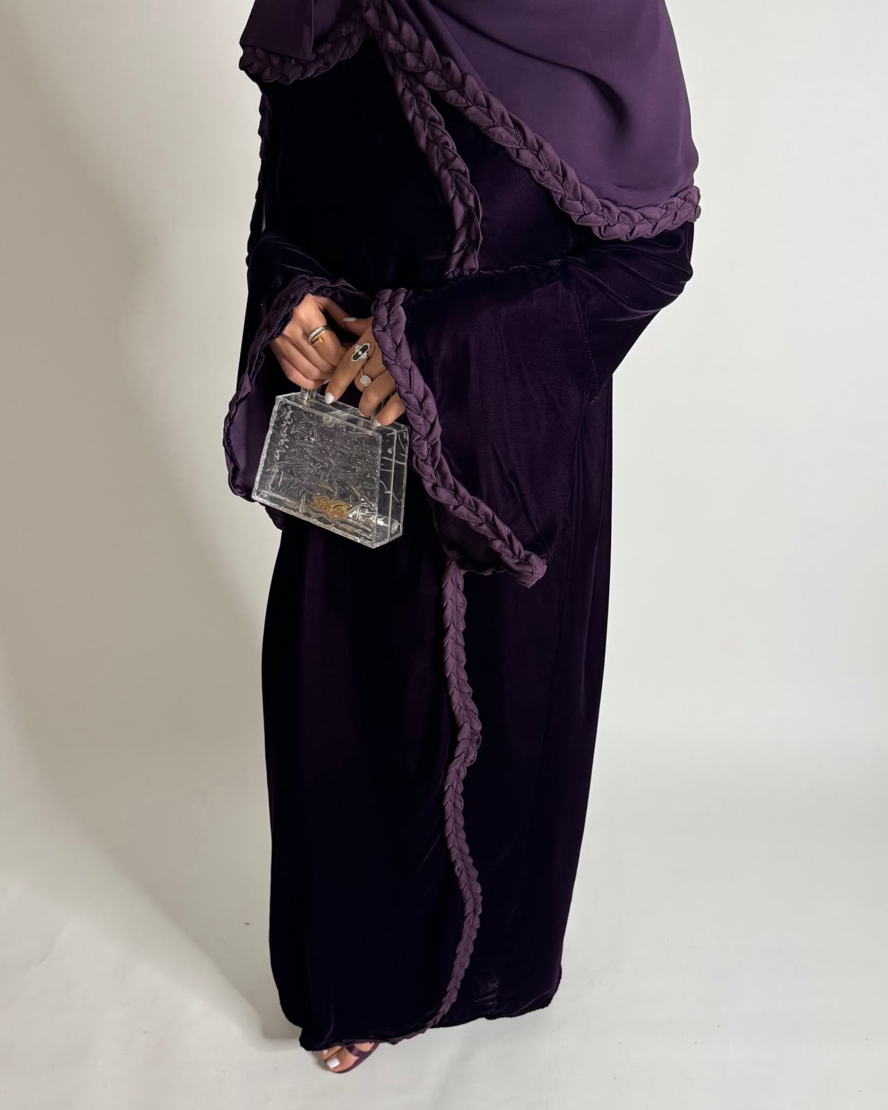 A683 - Purple Braided Waves Velvet Abaya with Matching Head Scarf