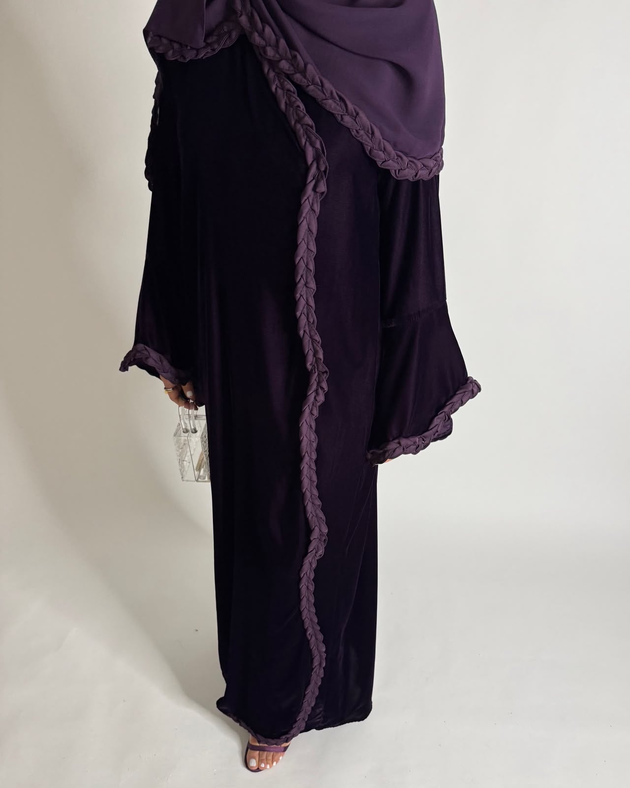 A683 - Purple Braided Waves Velvet Abaya with Matching Head Scarf