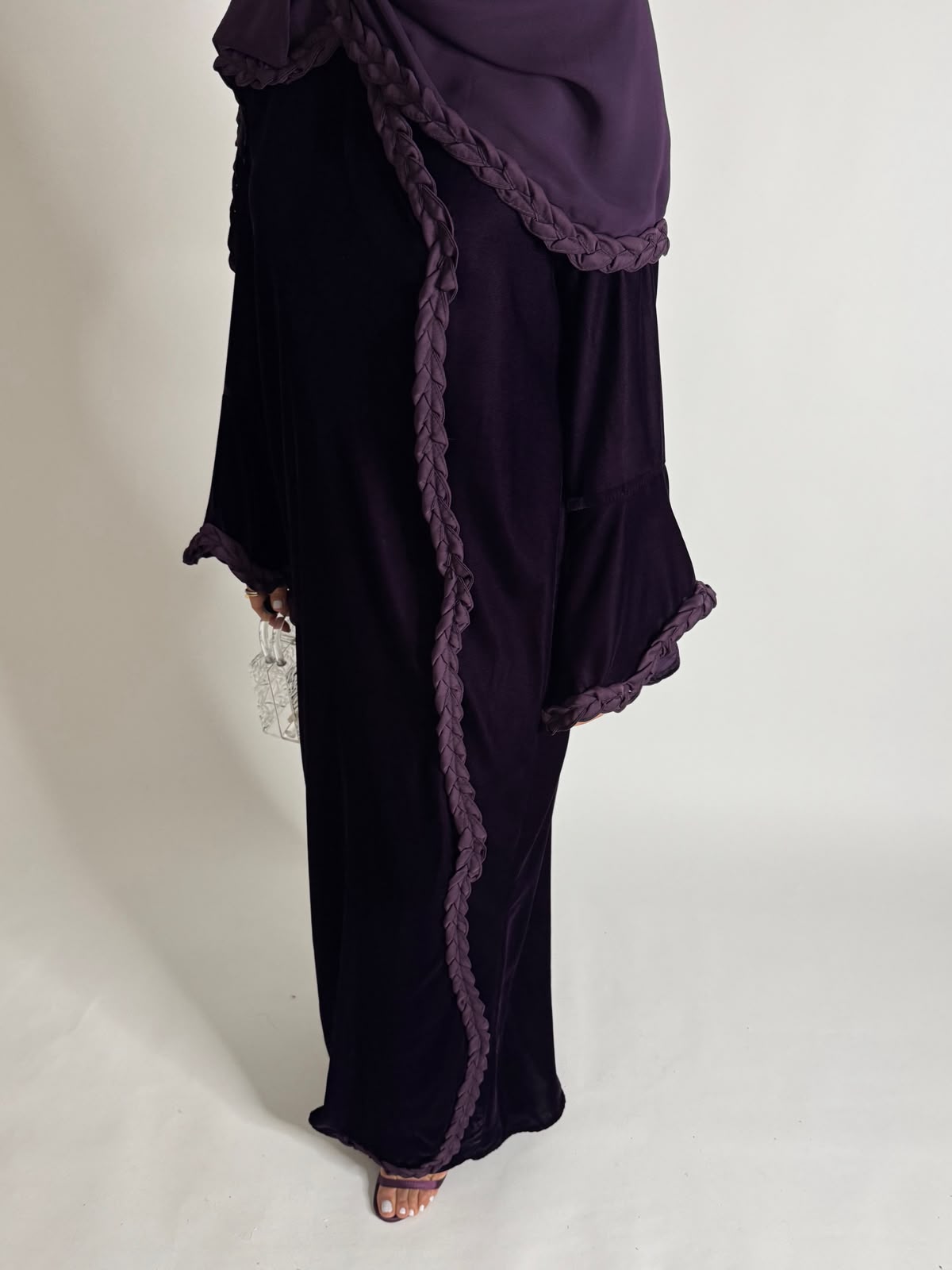A683 - Purple Braided Waves Velvet Abaya with Matching Head Scarf