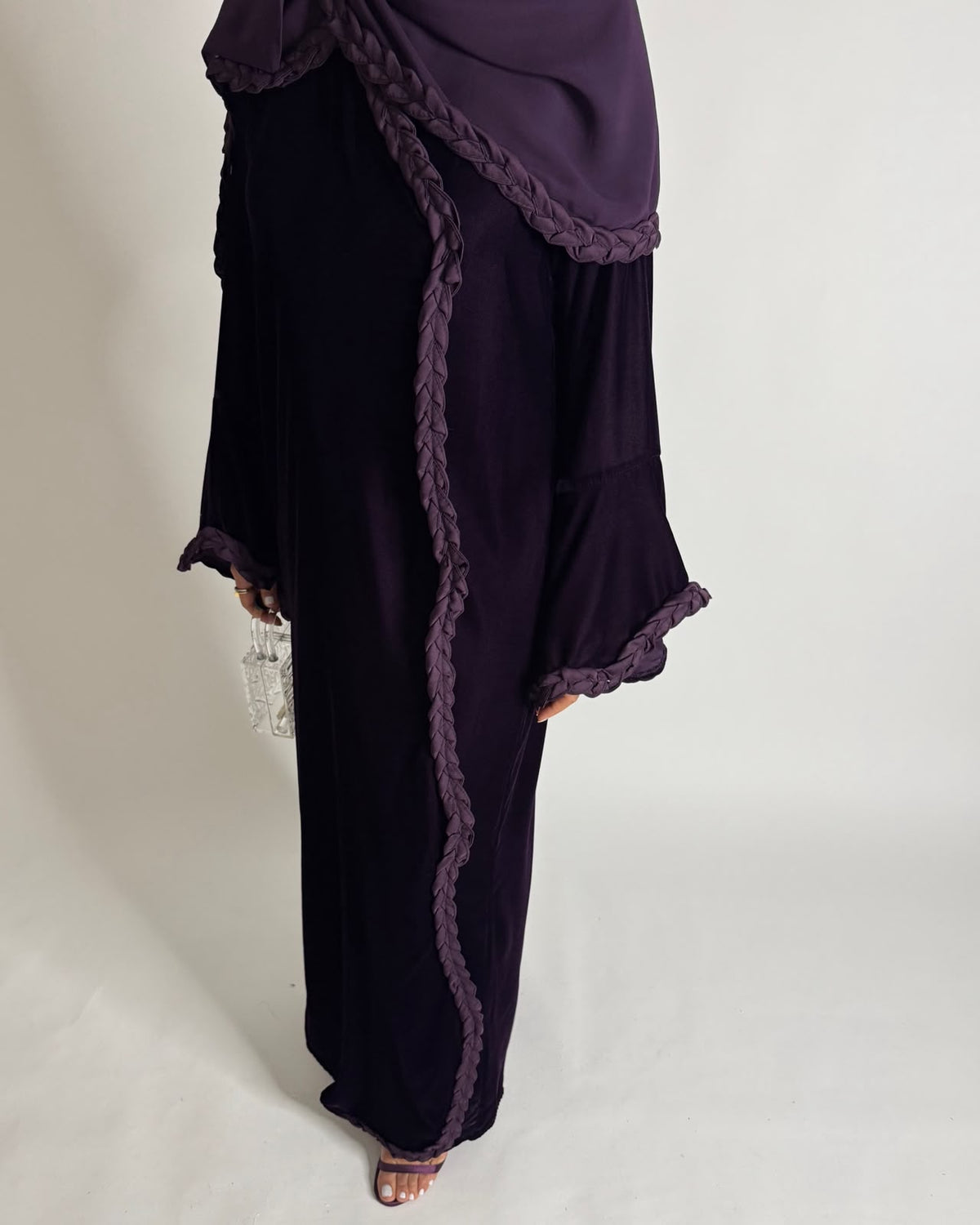 A683 - Purple Braided Waves Velvet Abaya with Matching Head Scarf