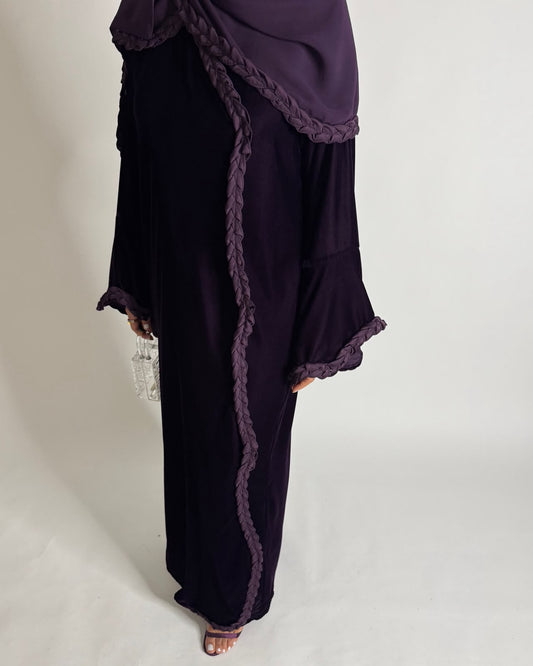 A683 - Purple Braided Waves Velvet Abaya with Matching Head Scarf