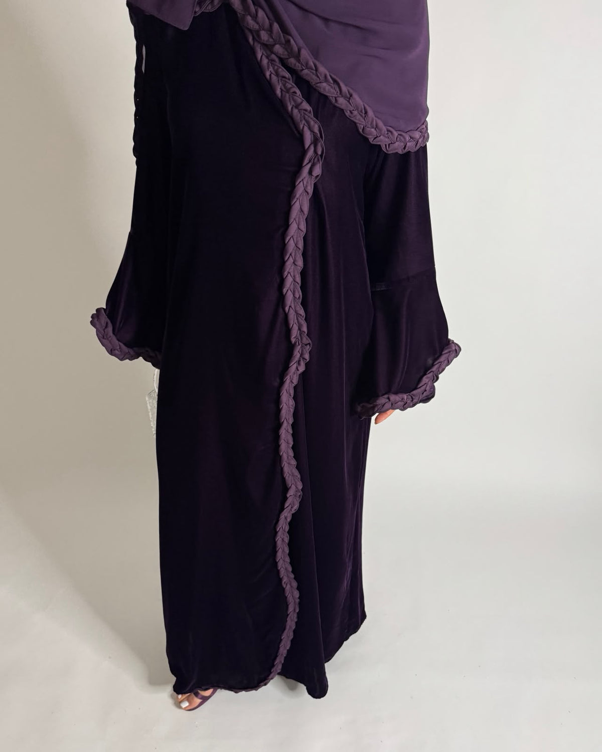 A683 - Purple Braided Waves Velvet Abaya with Matching Head Scarf
