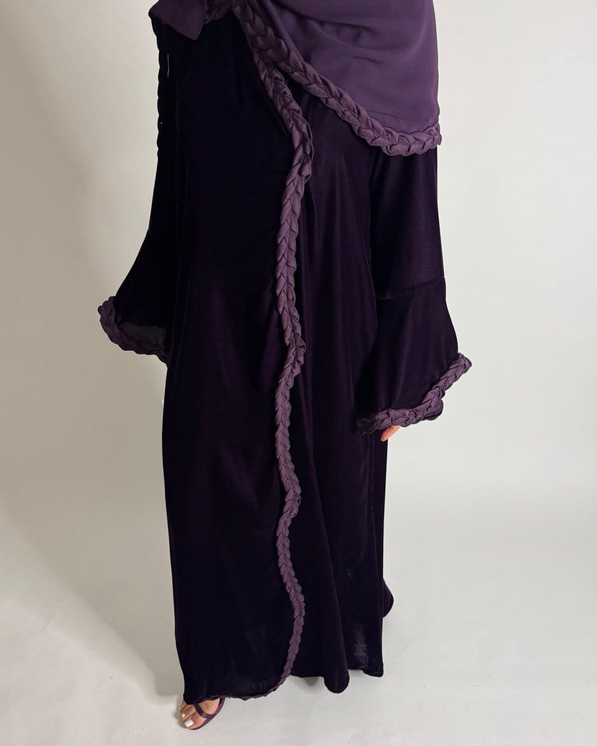 A683 - Purple Braided Waves Velvet Abaya with Matching Head Scarf