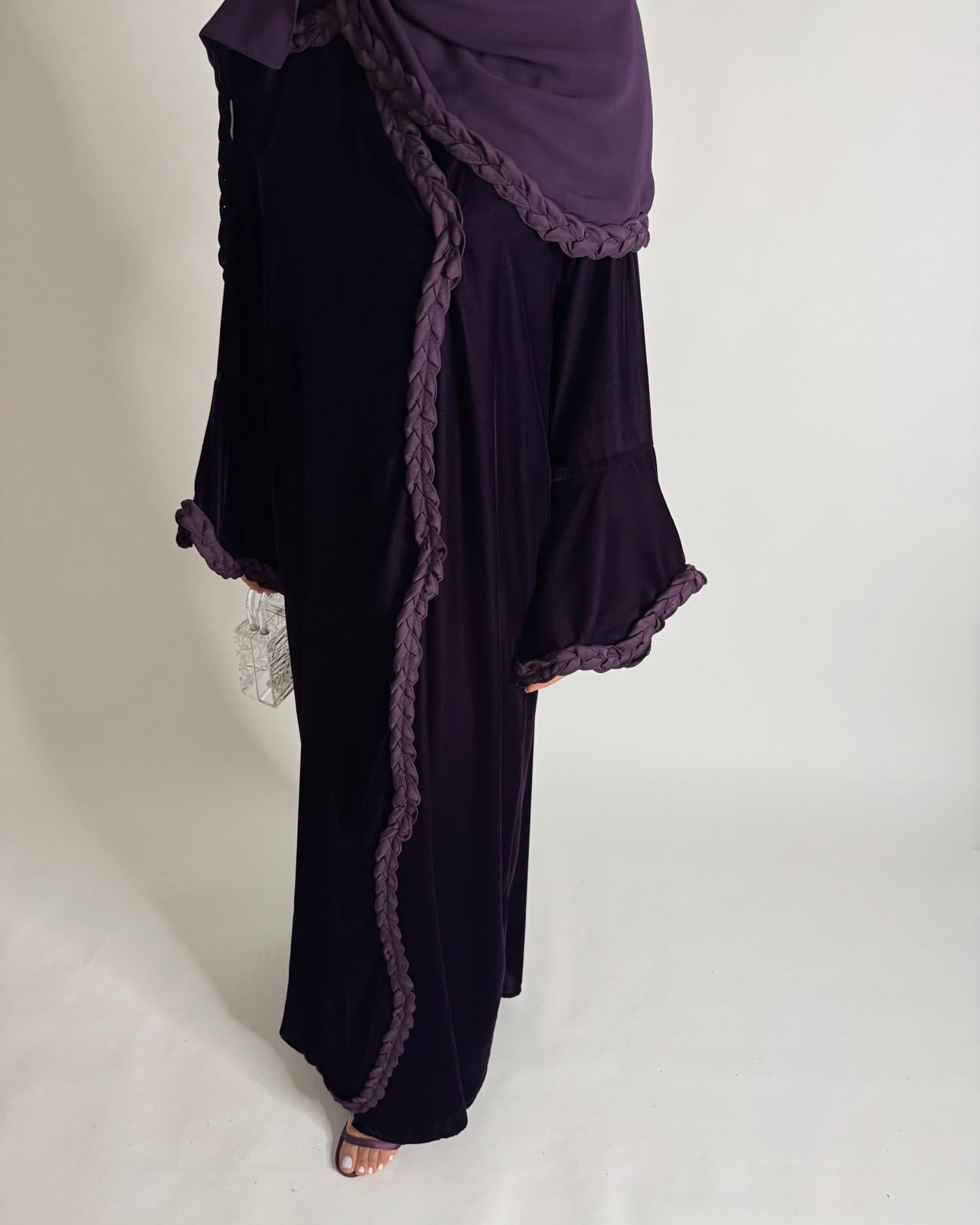 A683 - Purple Braided Waves Velvet Abaya with Matching Head Scarf